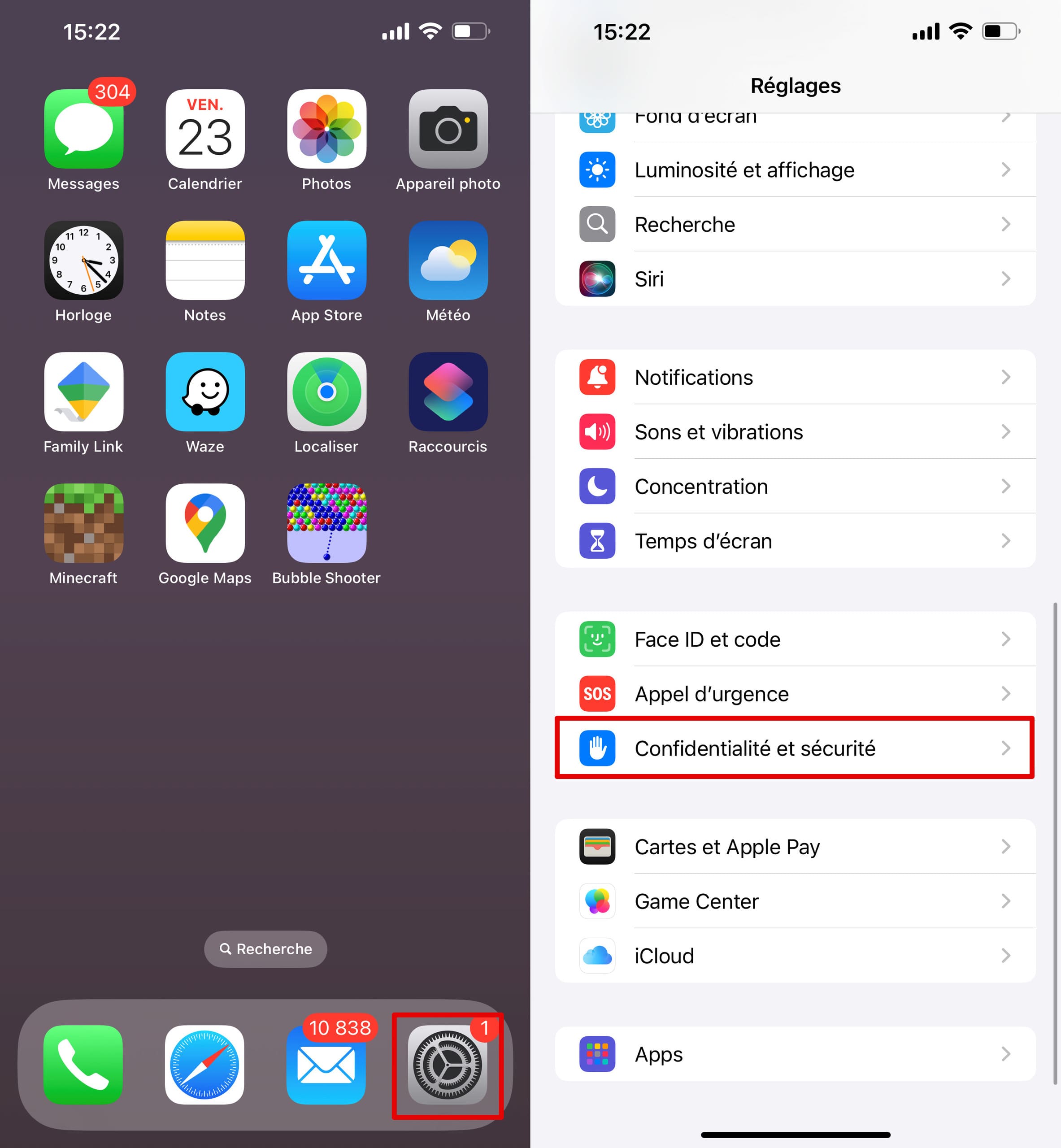 Paramètres de Confidentialité et sécurité sur iPhone.