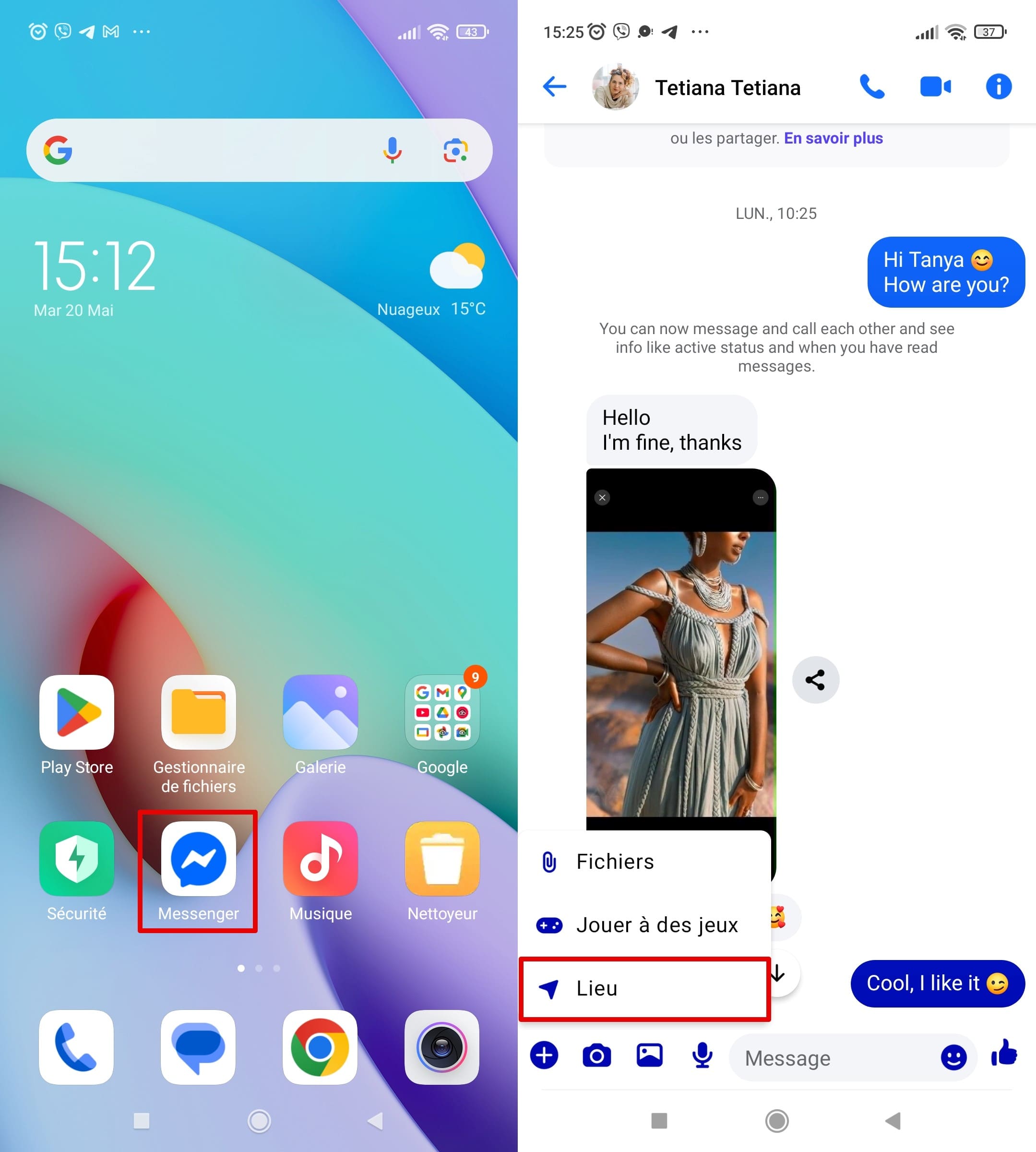 Sélectionnez une conversation Messenger, cliquez sur le signe +, Localisation.