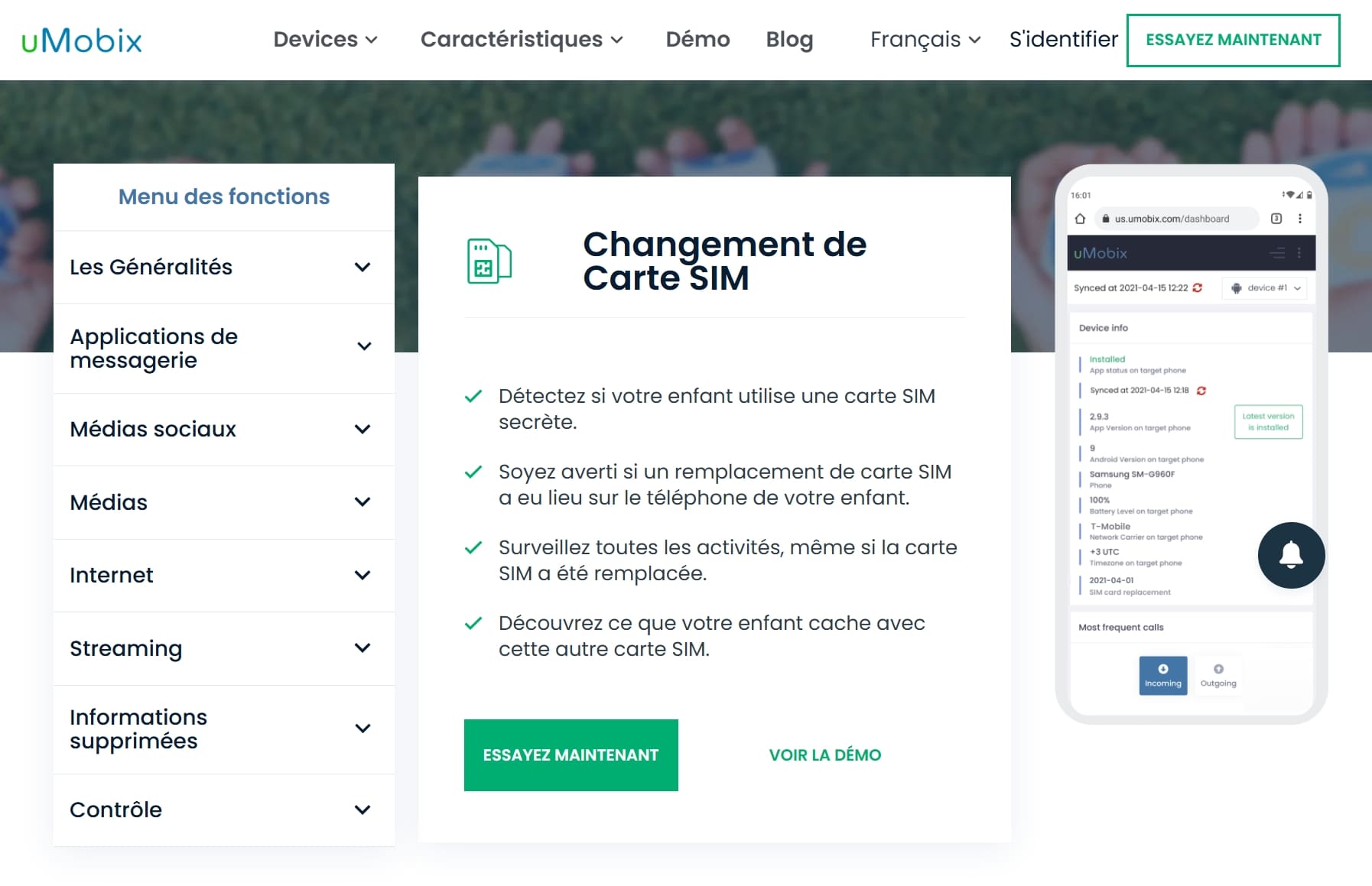 Fonctionnalité uMobix expliquant les alertes de remplacement de carte SIM et la surveillance de l'activité sur le téléphone d'un enfant, avec aperçu du tableau de bord sur un écran mobile.