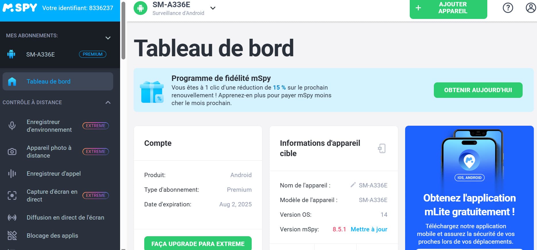 le tableau de bord en ligne de mspy avec les fonctionnalités de contrôle à distance et les points forts du téléphone surveillé.