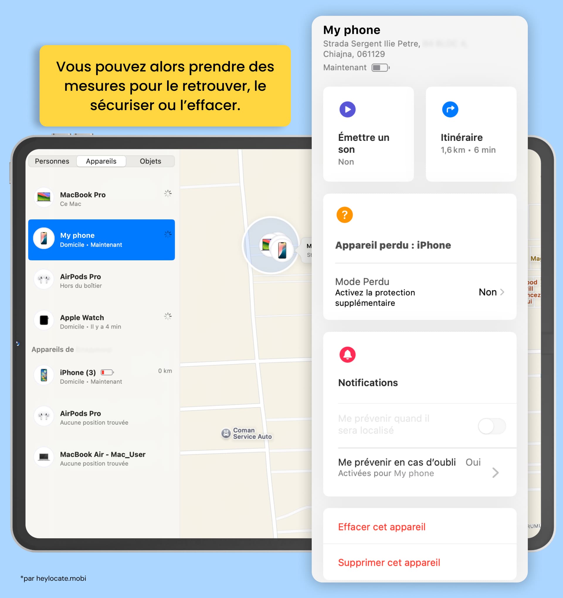 Écran de l'application Localiser montrant les options pour un iPhone perdu, incluant Émettre un son, Itinéraire, Mode Perdu, Notifications, Effacer cet appareil, et Supprimer cet appareil.