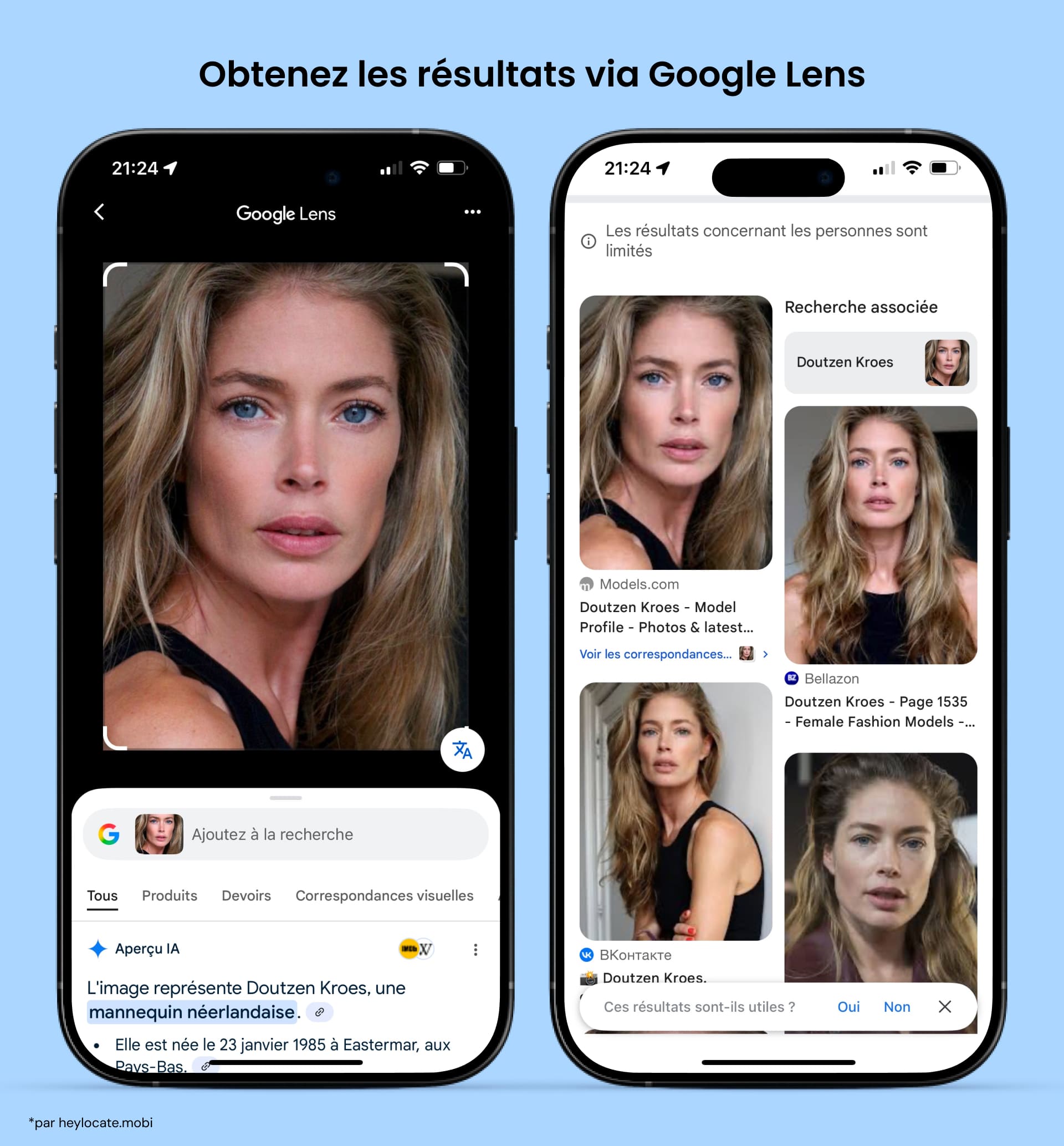 Affichage des résultats de recherche Google Lens basés sur les photos téléchargées, avec des liens correspondants vers des images de divers sites web.