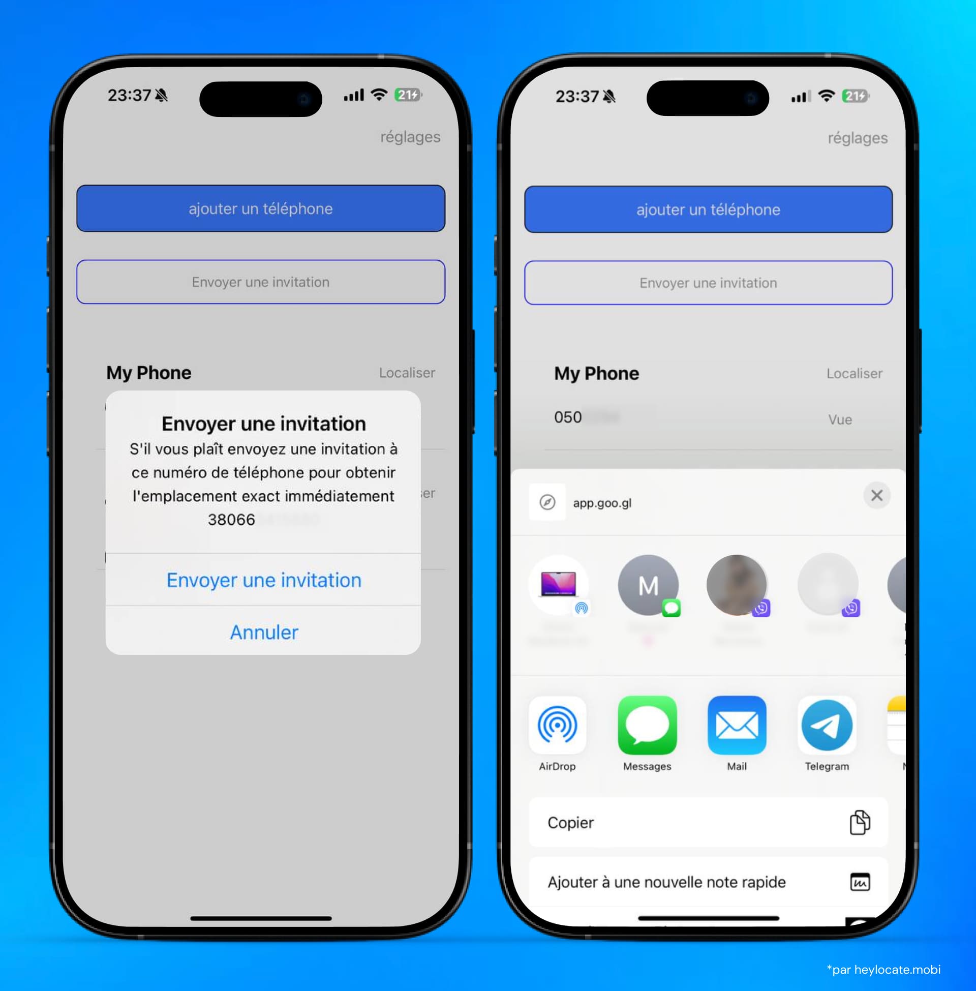 Envoi d'une invitation à un autre numéro de téléphone dans l'application de localisation de téléphone.