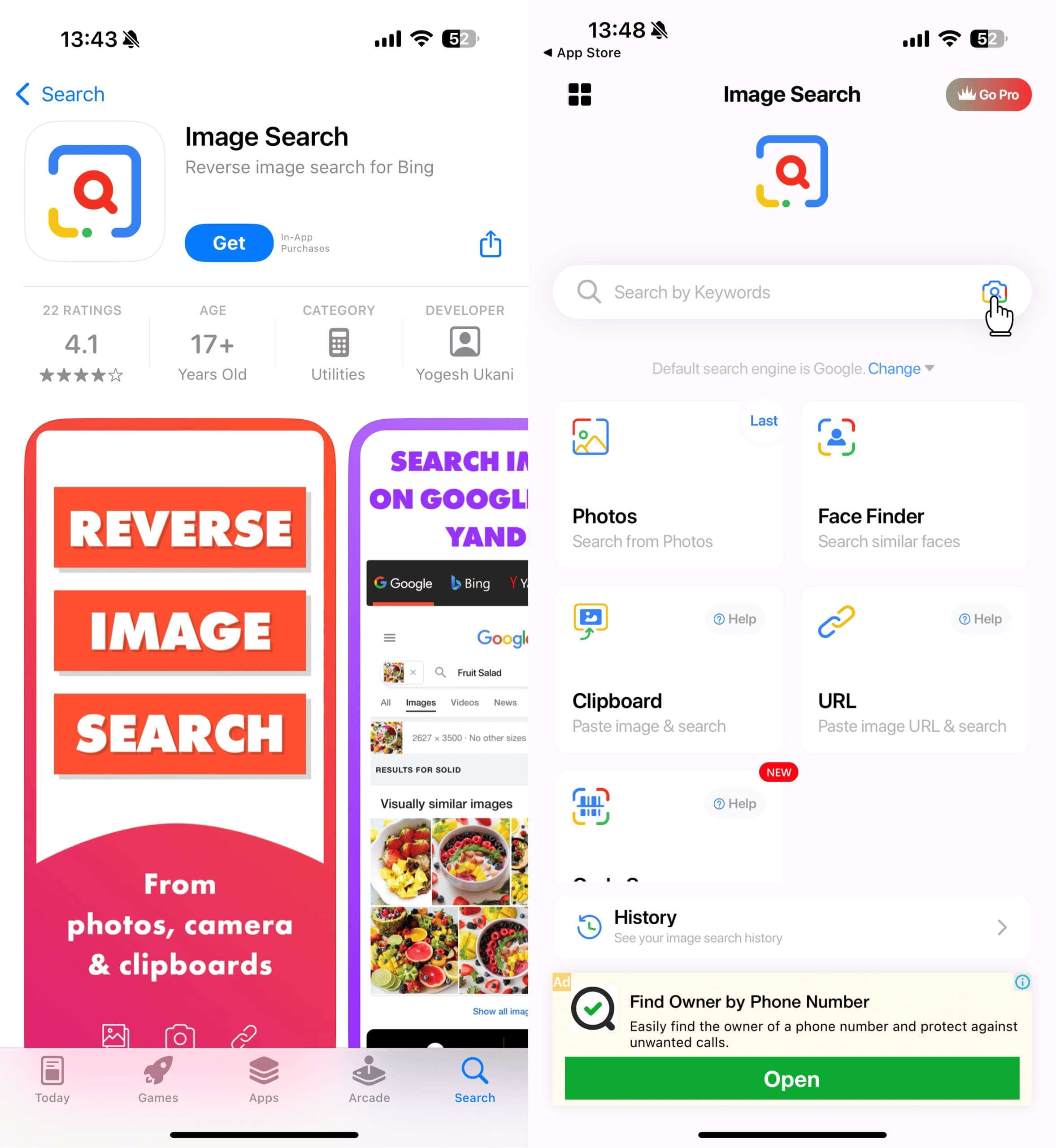 L’App Store montrant l’application Image Search et sa page principale.