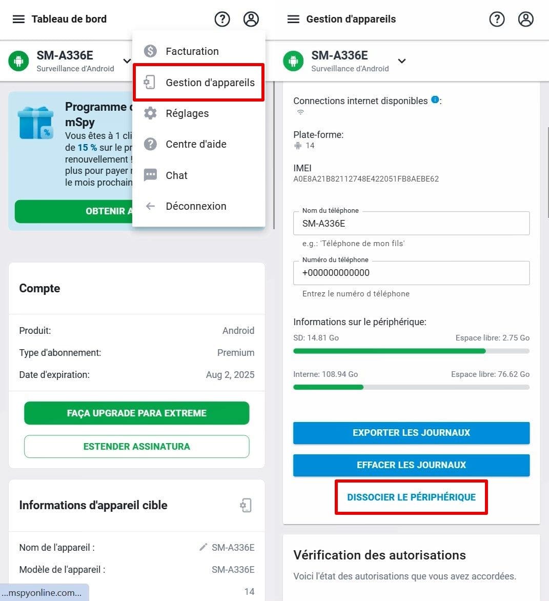 L'écran de gestion des appareils MSpy vous permet de dissocier l'appareil surveillé.