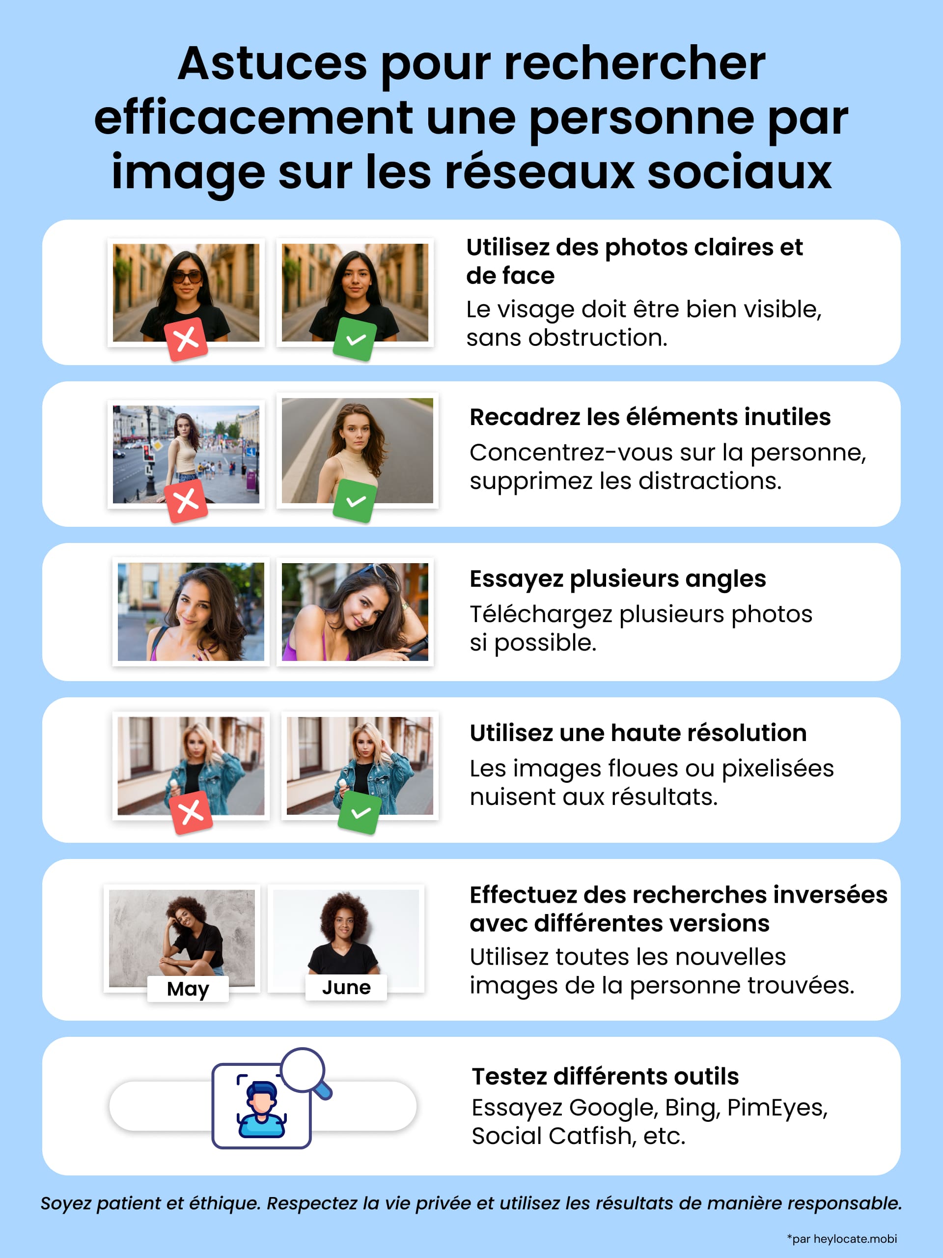 Infographie montrant les meilleures pratiques pour les recherches d'images sur les réseaux sociaux : utilisez des photos de face en haute résolution, évitez l'encombrement en arrière-plan, essayez plusieurs angles et utilisez différents outils.