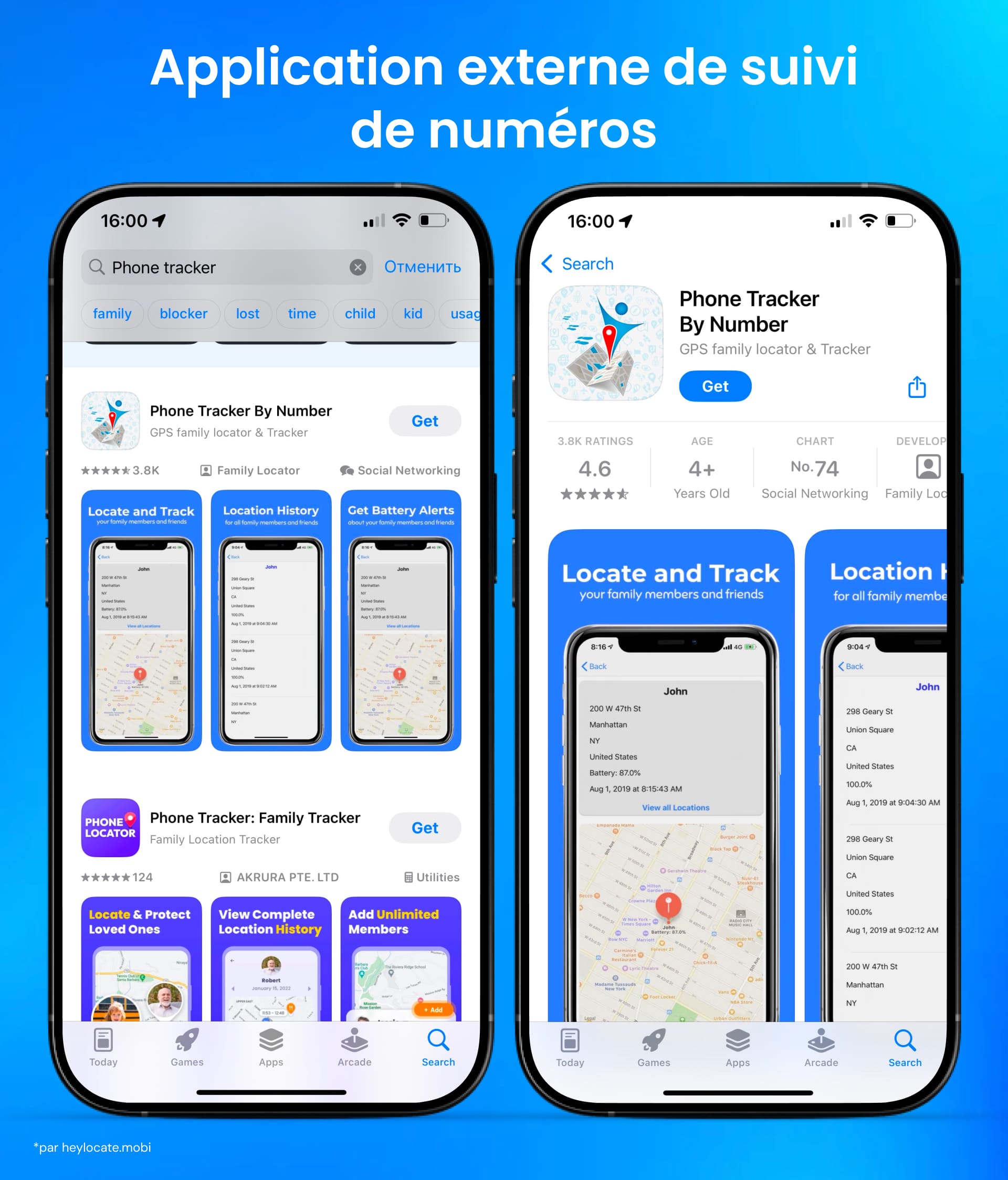 Capture d'écran de l'interface de l'application "GPS Localiser un portable" sur l'App Store, montrant les résultats de recherche et les détails de l'application.