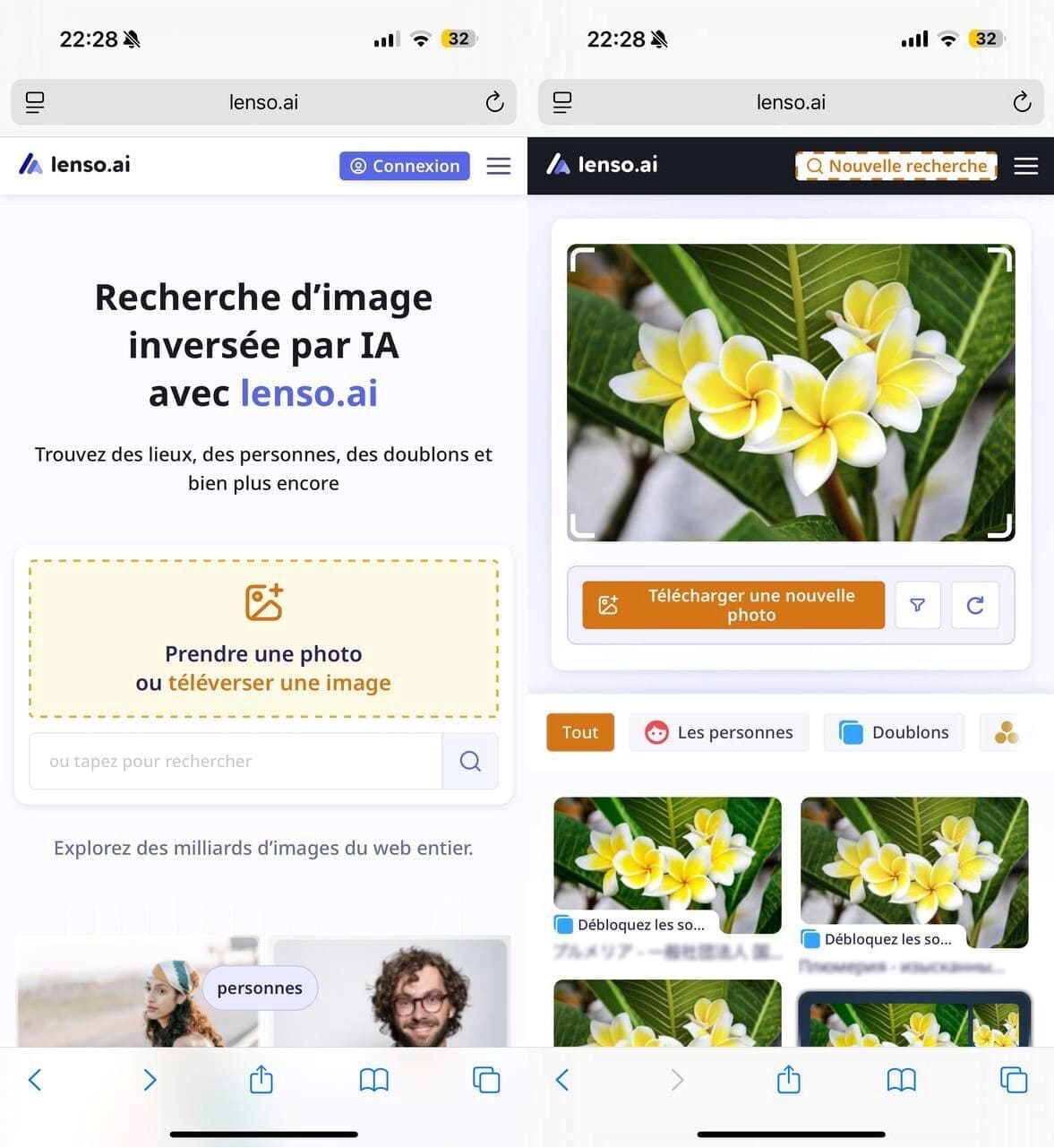 Capture d’écran de résultats d’objets fournis par l’outil d’intelligence artificielle de recherche d’image inversée.
