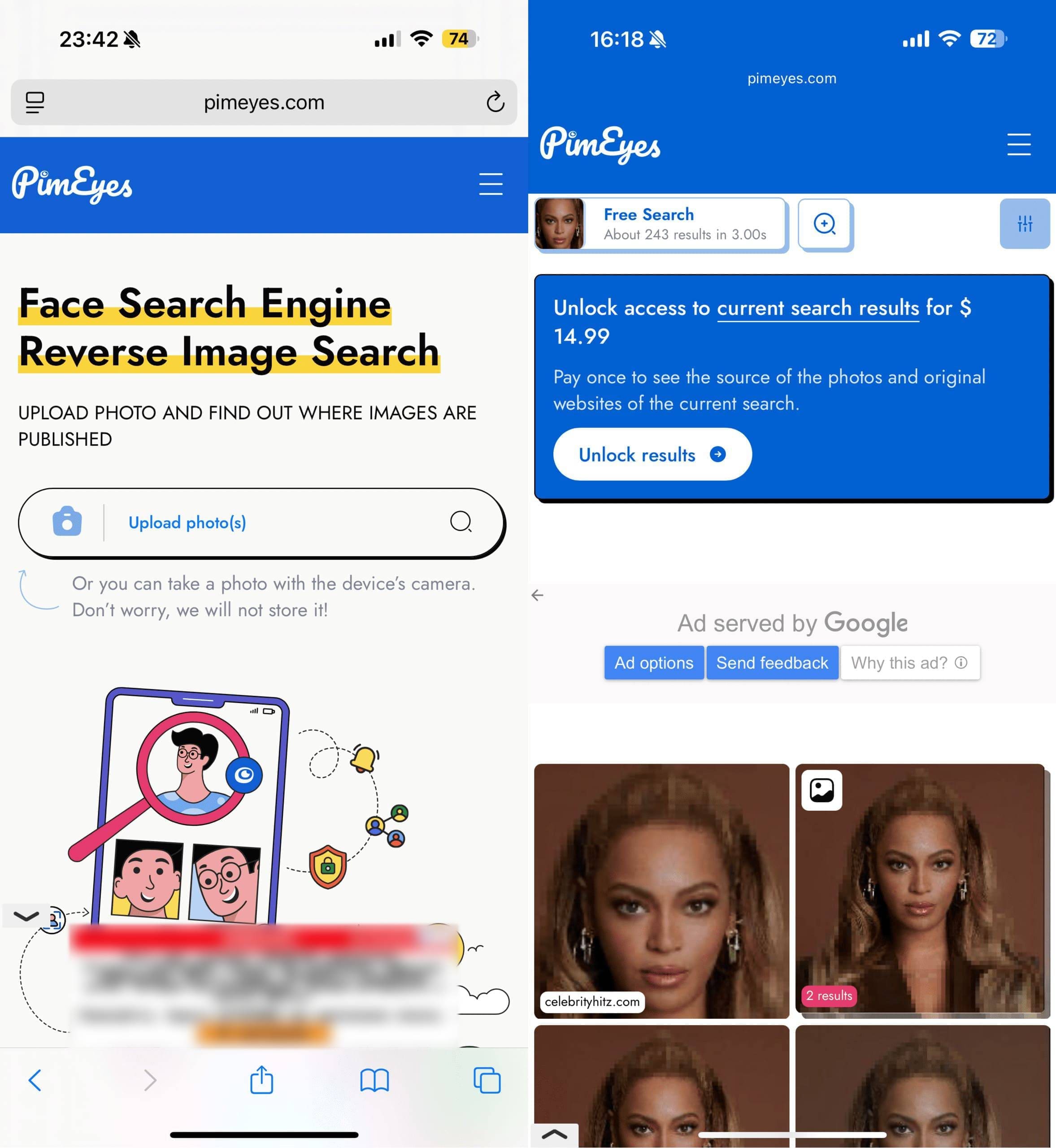 Les résultats de visages fournis par l’outil de recherche inversée d’image.