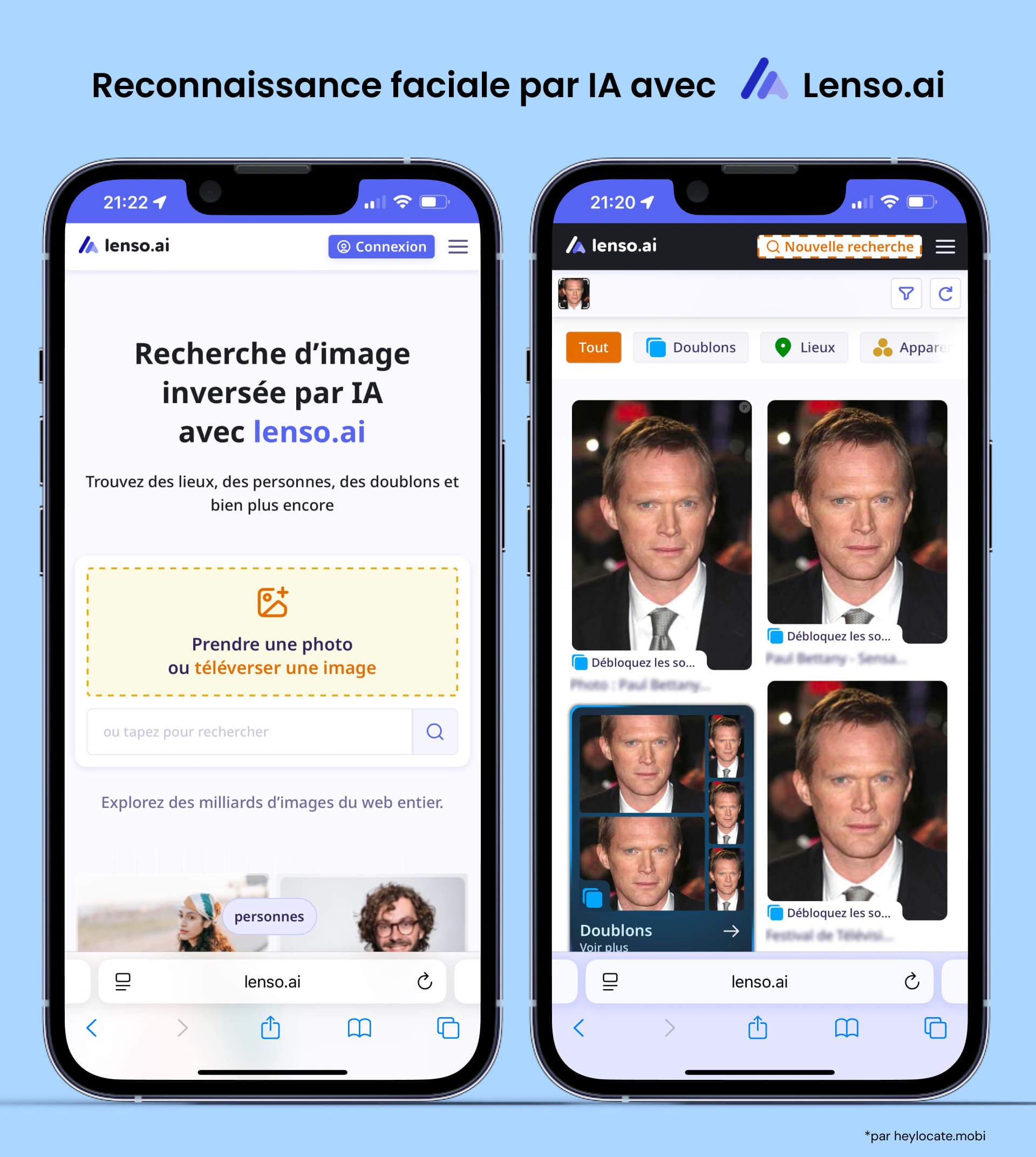 Téléchargement d'image et résultats de recherche sur Lenso.ai.