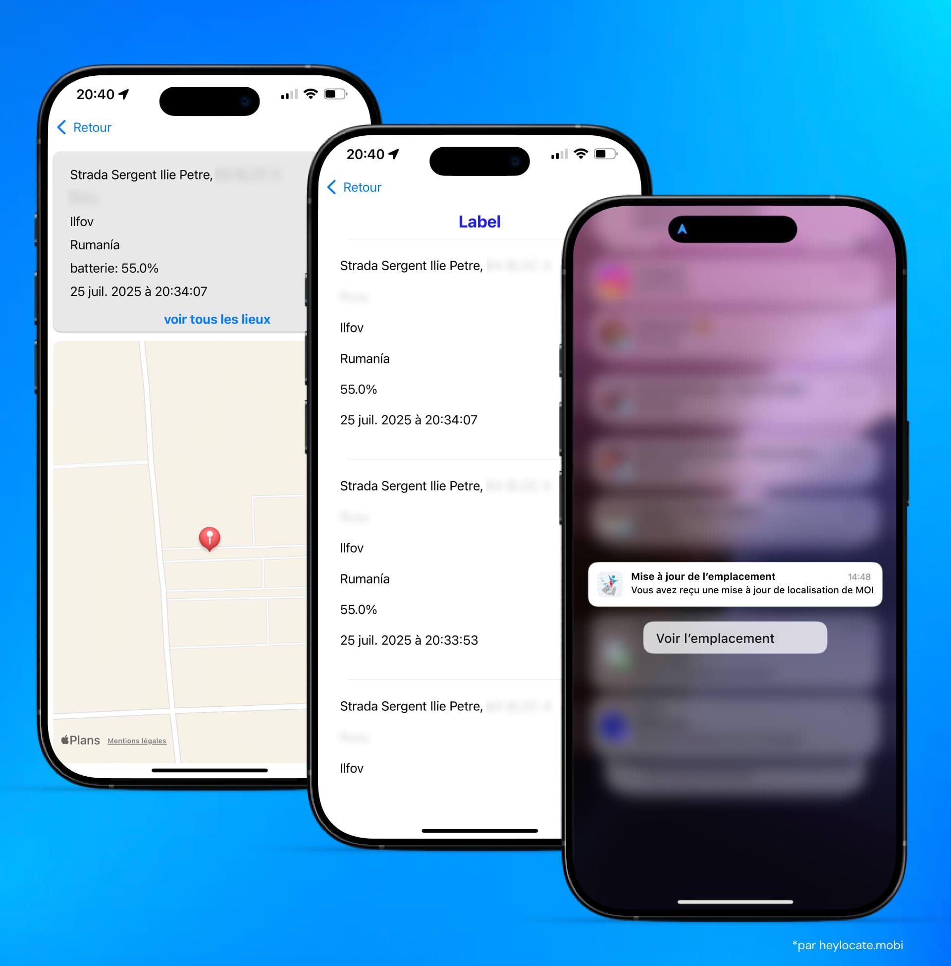 Résultats de localisation d'iPhone incluant l'affichage de la localisation en temps réel sur une carte, l'historique des localisations et les notifications pour les nouvelles mises à jour de localisation.