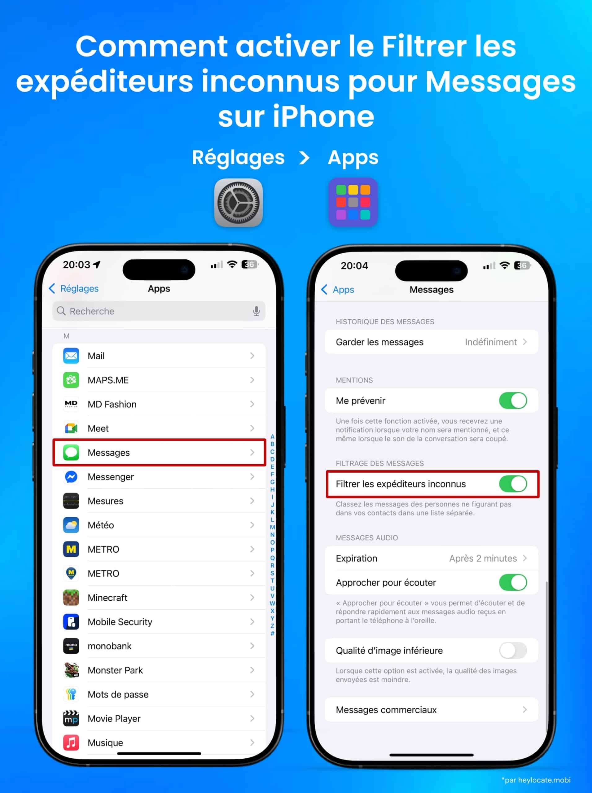 Dans les réglages, vous devez aller dans applications (Messages) et activer Filtrer les expéditeurs inconnus.