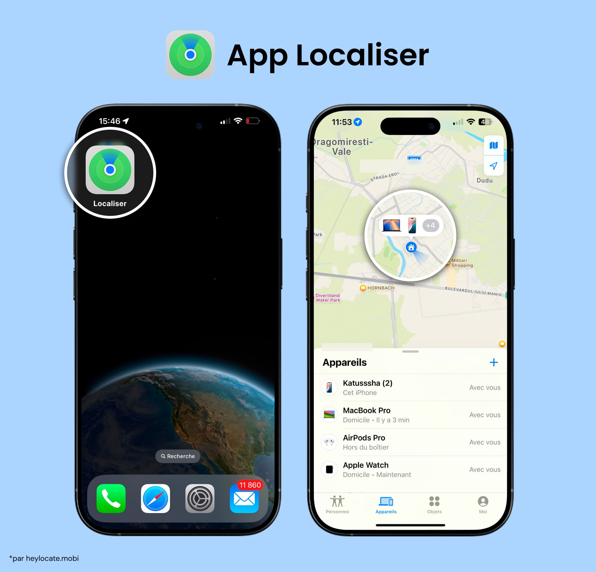 Ouvrez Localiser, visualisez la carte et les appareils connectés au système.