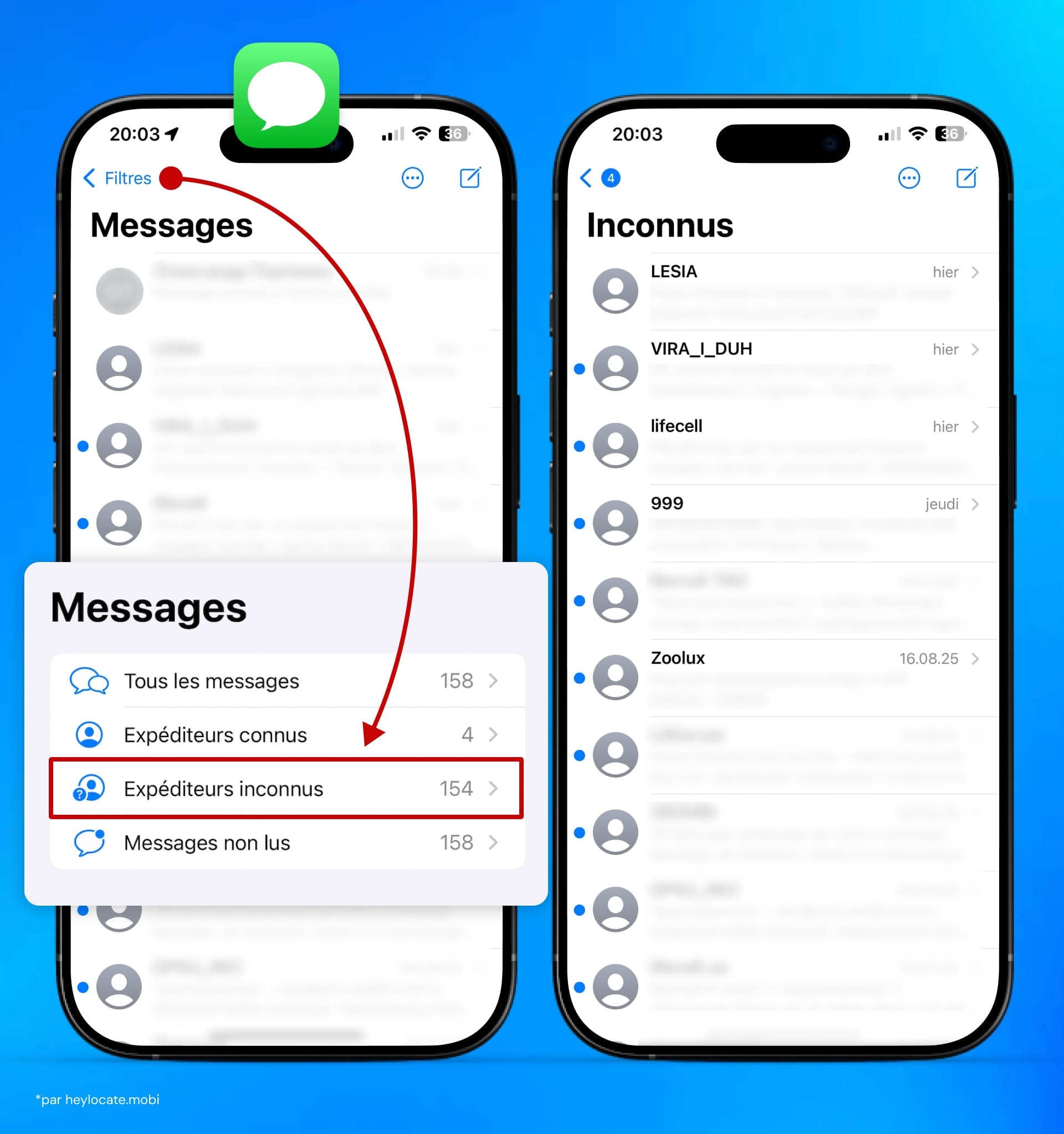 Captures d'écran de l'application Messages et ses filtres cachés (Expéditeurs inconnus).