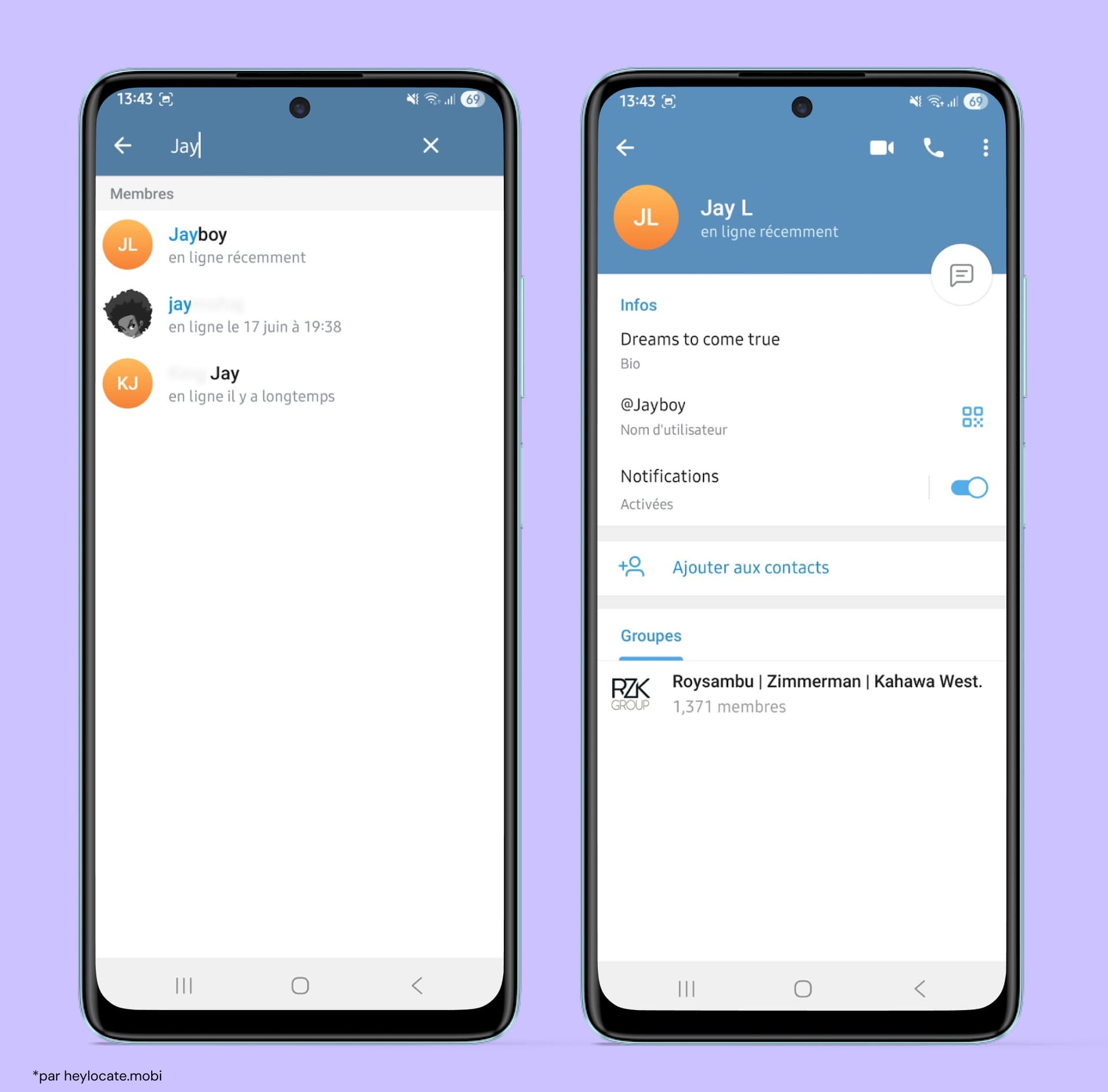 Nom de recherche saisi dans la discussion de groupe Telegram avec des résultats de personnes avec ce nom dans ce groupe.