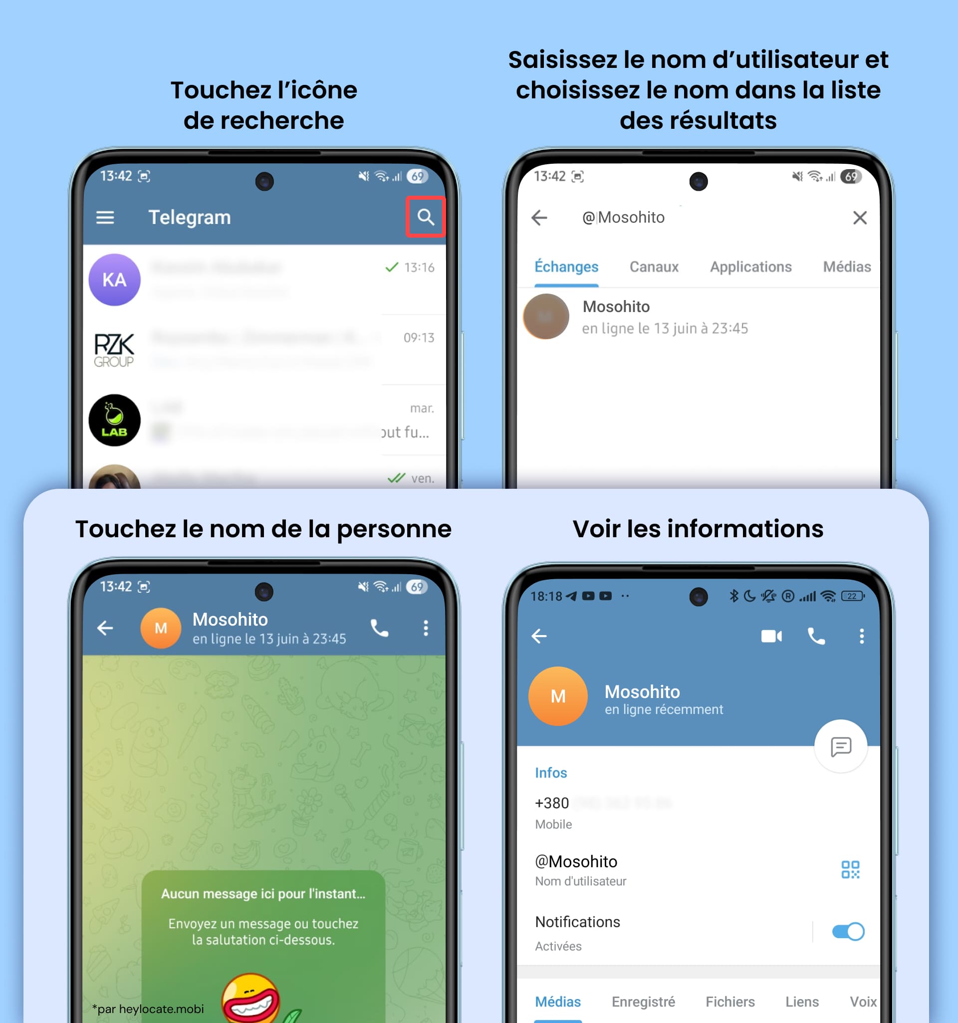 Tapez le nom d'utilisateur dans la barre de recherche pour voir les résultats du profil Telegram avec ce nom d'utilisateur.