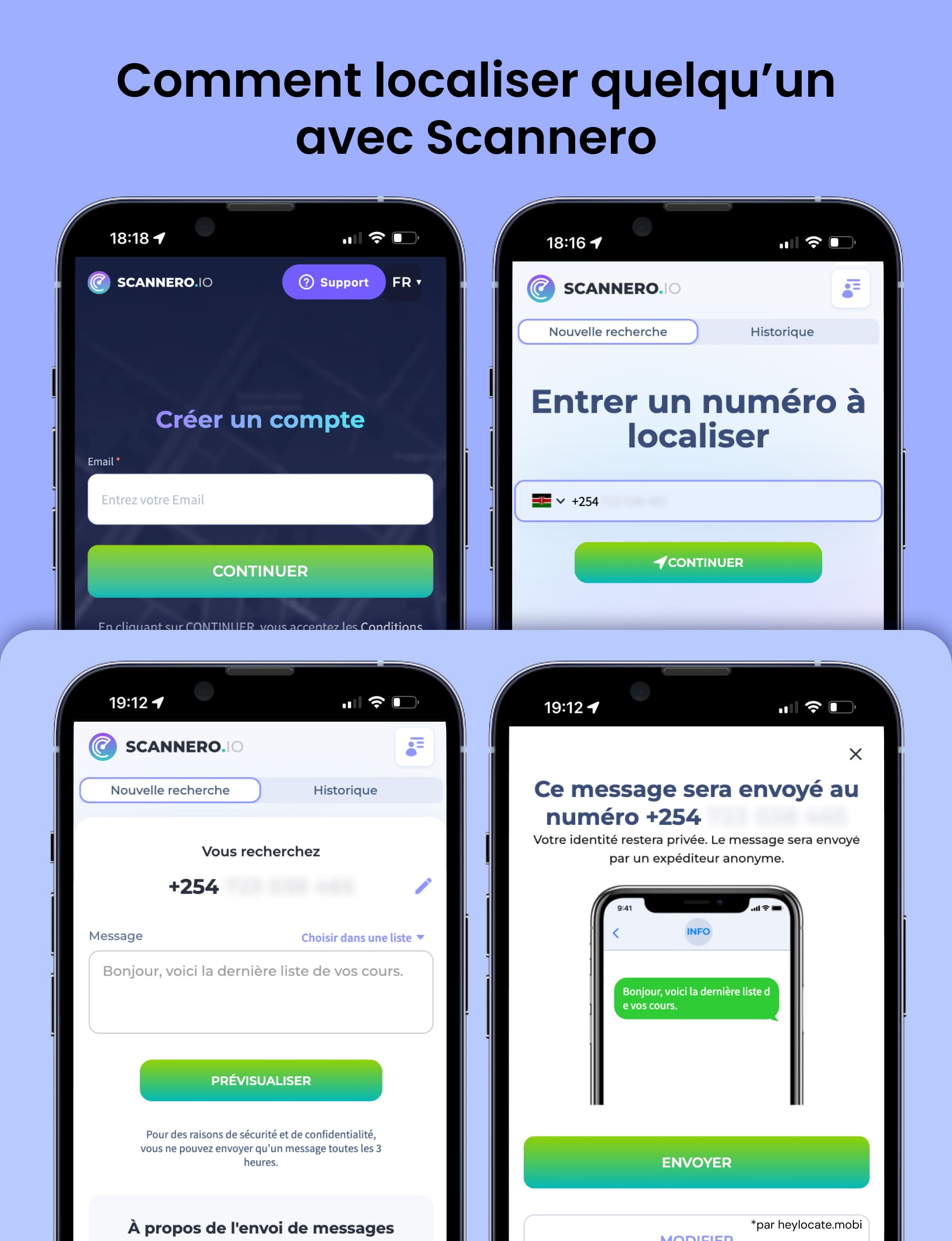 Étapes pour suivre une localisation dans Scannero : créer un compte, saisir un numéro de téléphone, composer un message et prévisualiser le SMS qui sera envoyé pour suivre la localisation.