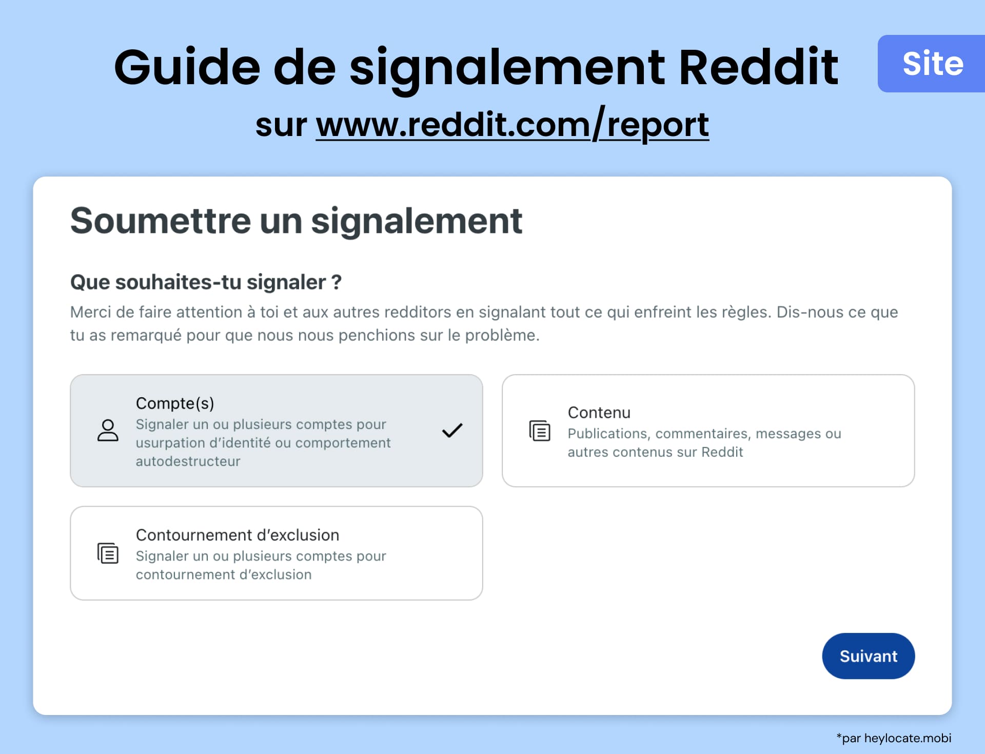 Ouvrir la page soumettre un signalement sur Reddit et sélectionner l'élément requis : compte, contenu ou contournement d'interdiction.
