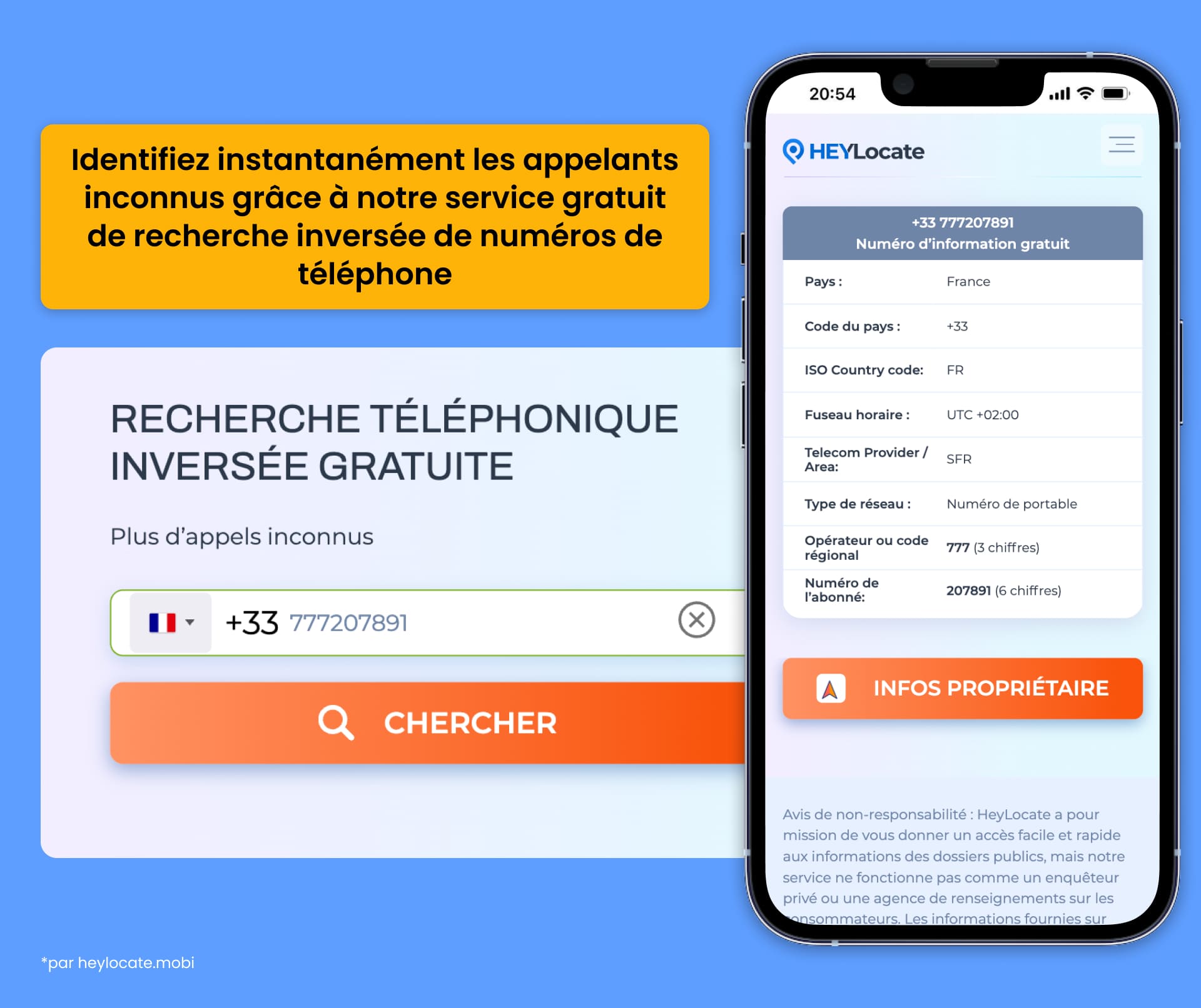 Recherche inversée de numéro de téléphone sur HeyLocate affichant les détails de l’appelant : pays, code pays, fuseau horaire, nom de l’opérateur, localisation et type de réseau.