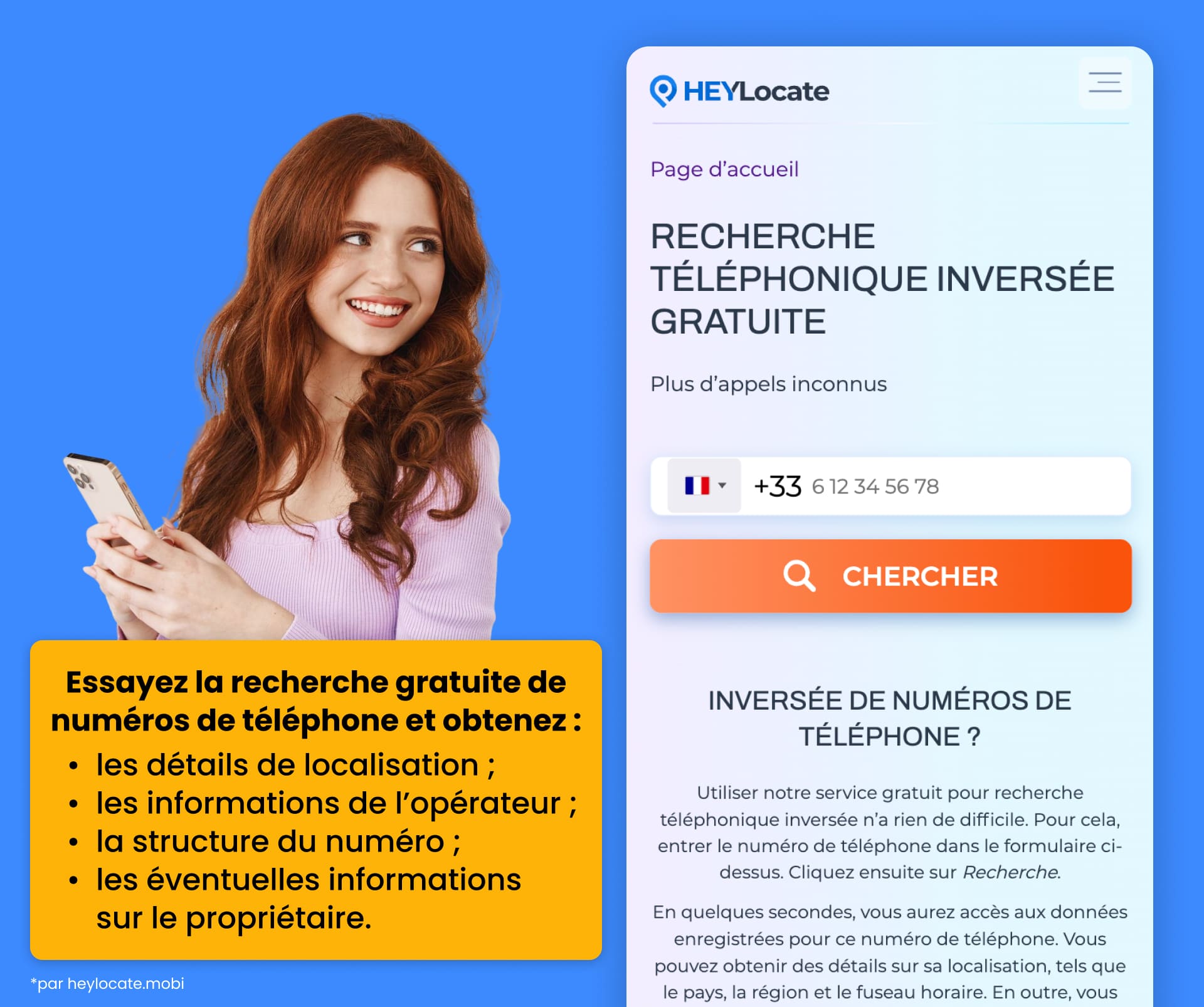 L’outil de recherche inversée de HeyLocate fournit des détails sur la localisation, les informations de l’opérateur, la structure du numéro et les éventuelles informations du propriétaire.