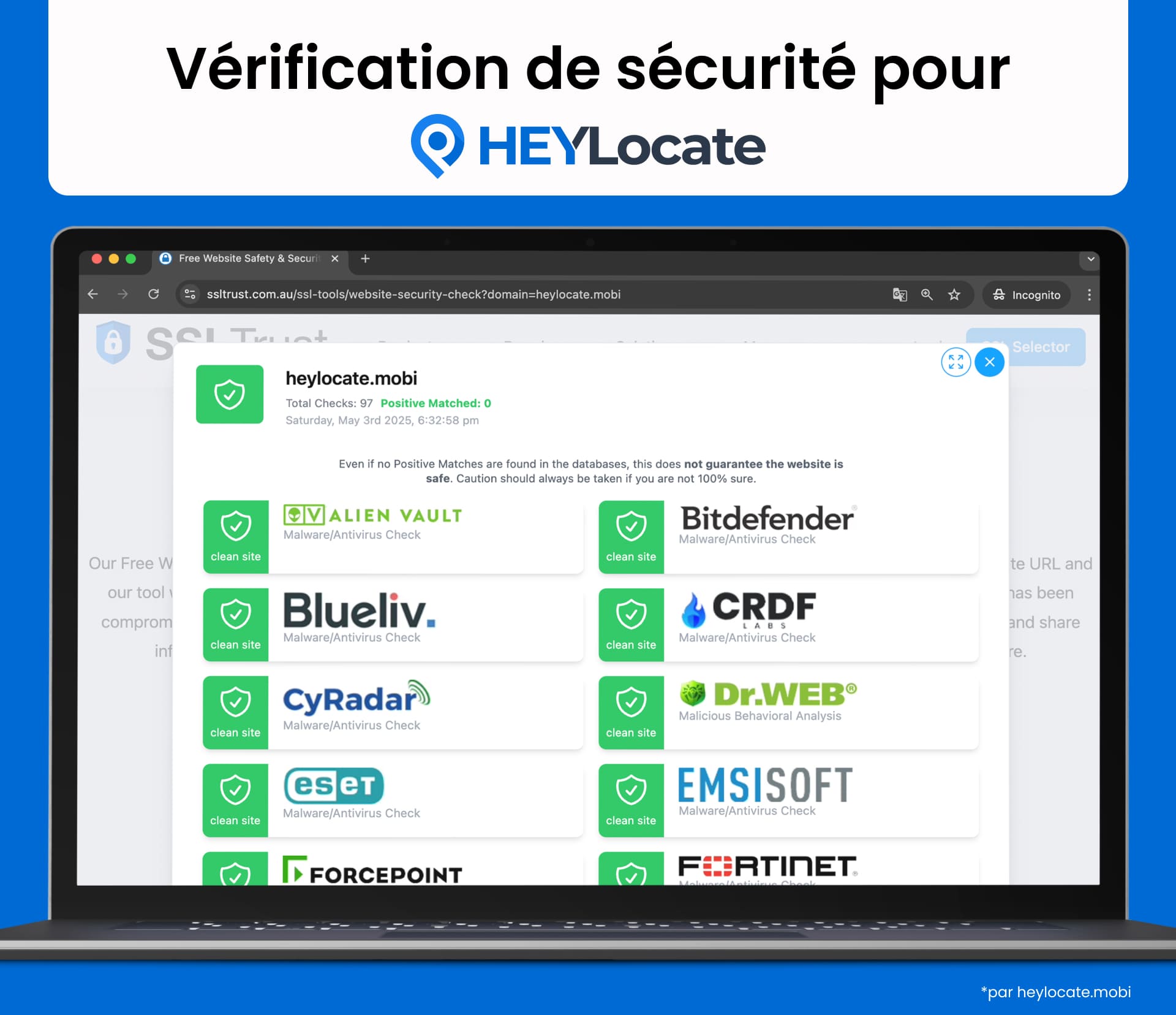 Analyse de sécurité du site HeyLocate montrant des résultats propres de plusieurs fournisseurs antivirus.