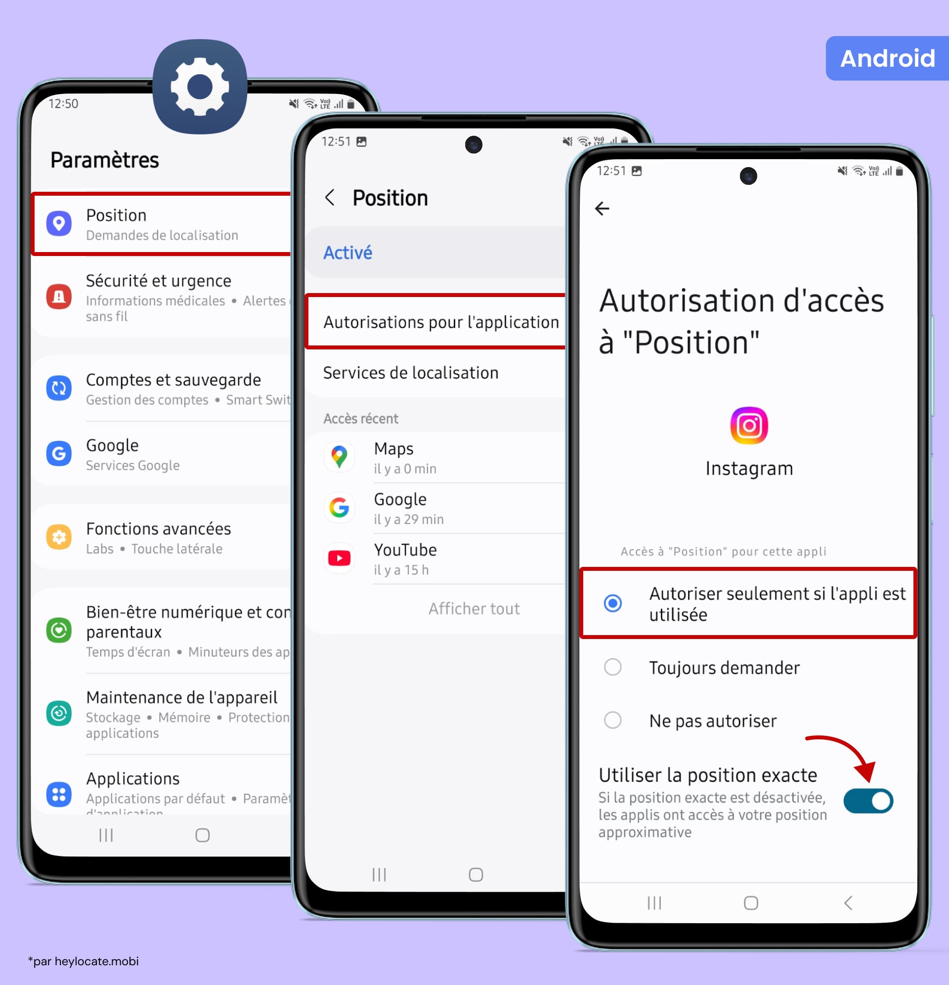 Ouvrez Paramètres, cliquez sur Localisation, Instagram et choisissez Autoriser uniquement pendant l’utilisation de l’app.