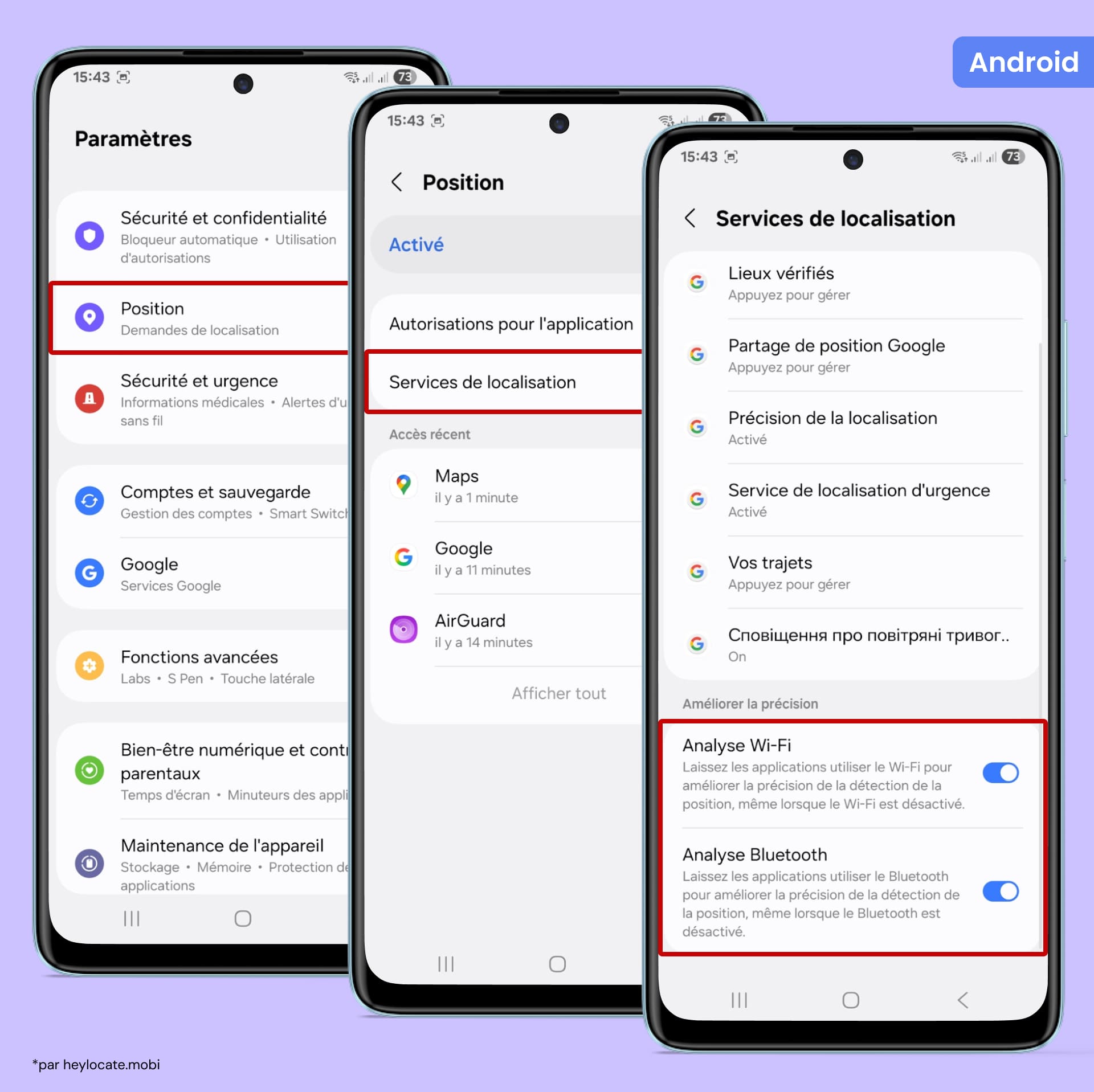 Activez le balayage Wi-Fi et Bluetooth dans les services de localisation pour une meilleure précision.