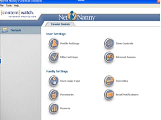 Capture de l’interface Net Nanny 6 sous Windows XP : profils, filtres, limites de temps et jeux en ligne.