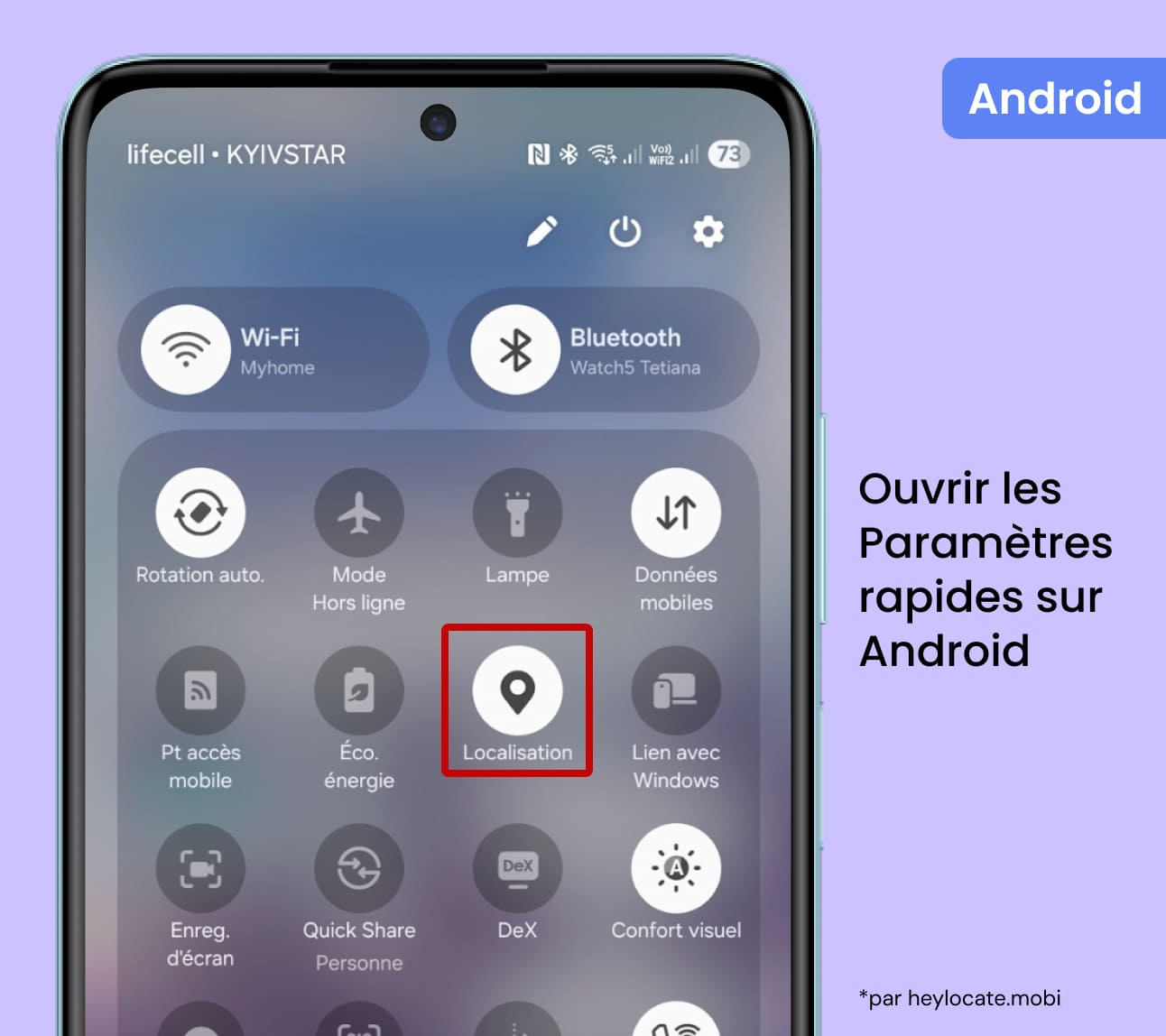 Ouvrez le panneau de paramètres rapides et appuyez sur l’icône de localisation.