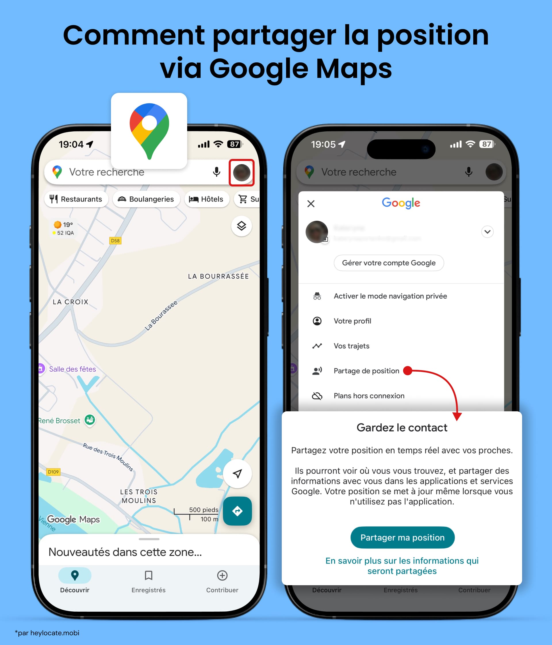 Ouvrir Google Maps, appuyer sur l'icône profil et sélectionner Partage de position.