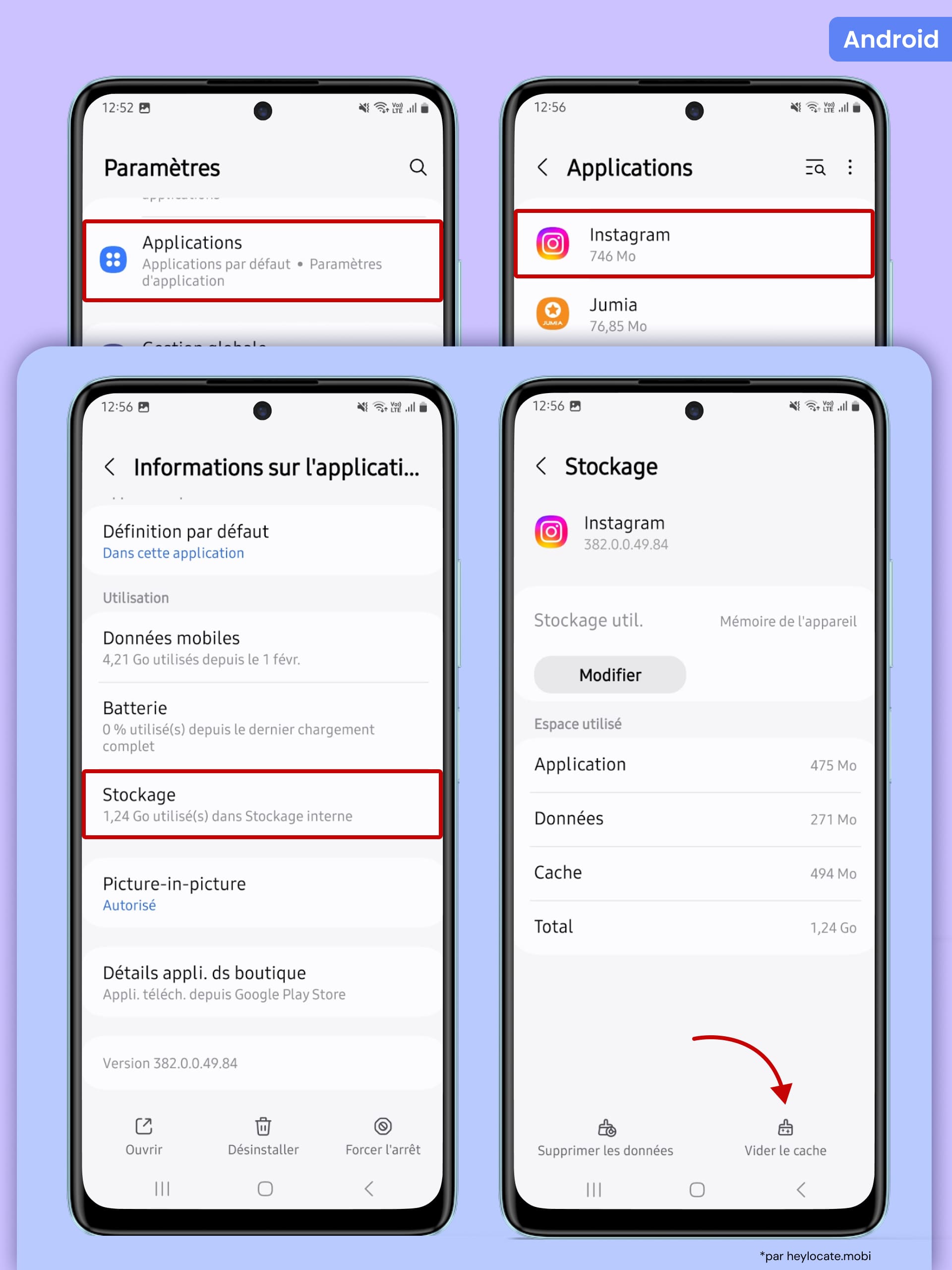 Étapes pour vider le cache d’Instagram : ouvrez Applications, sélectionnez Instagram, puis Stockage et Vider le cache.