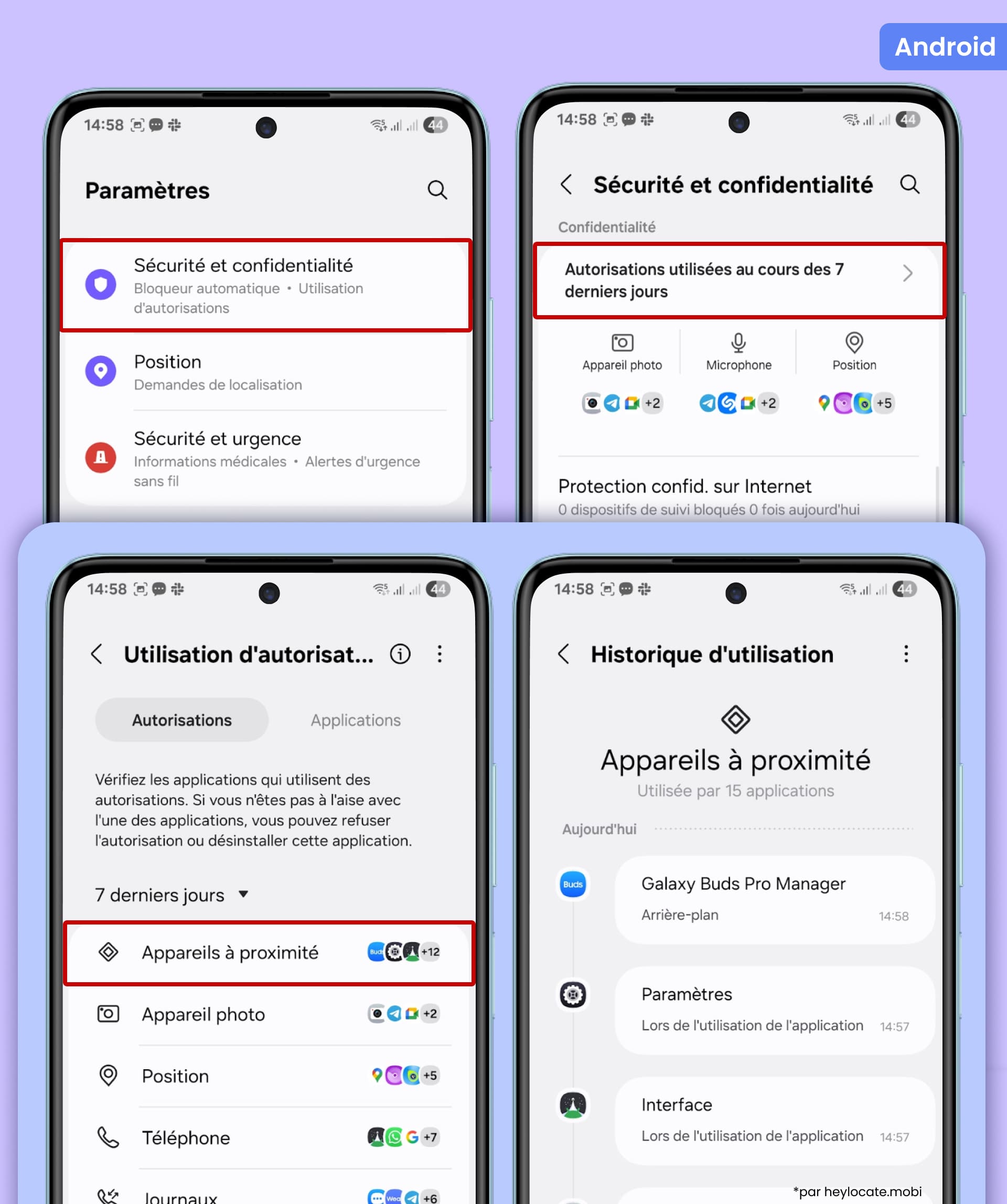 Ouvrez les paramètres Android - Sécurité et confidentialité - Autorisations dans Confidentialité, sélectionnez Capteurs corporels, Activité physique ou Appareils à proximité, et refusez l'accès aux applications qui n'en ont pas besoin.
