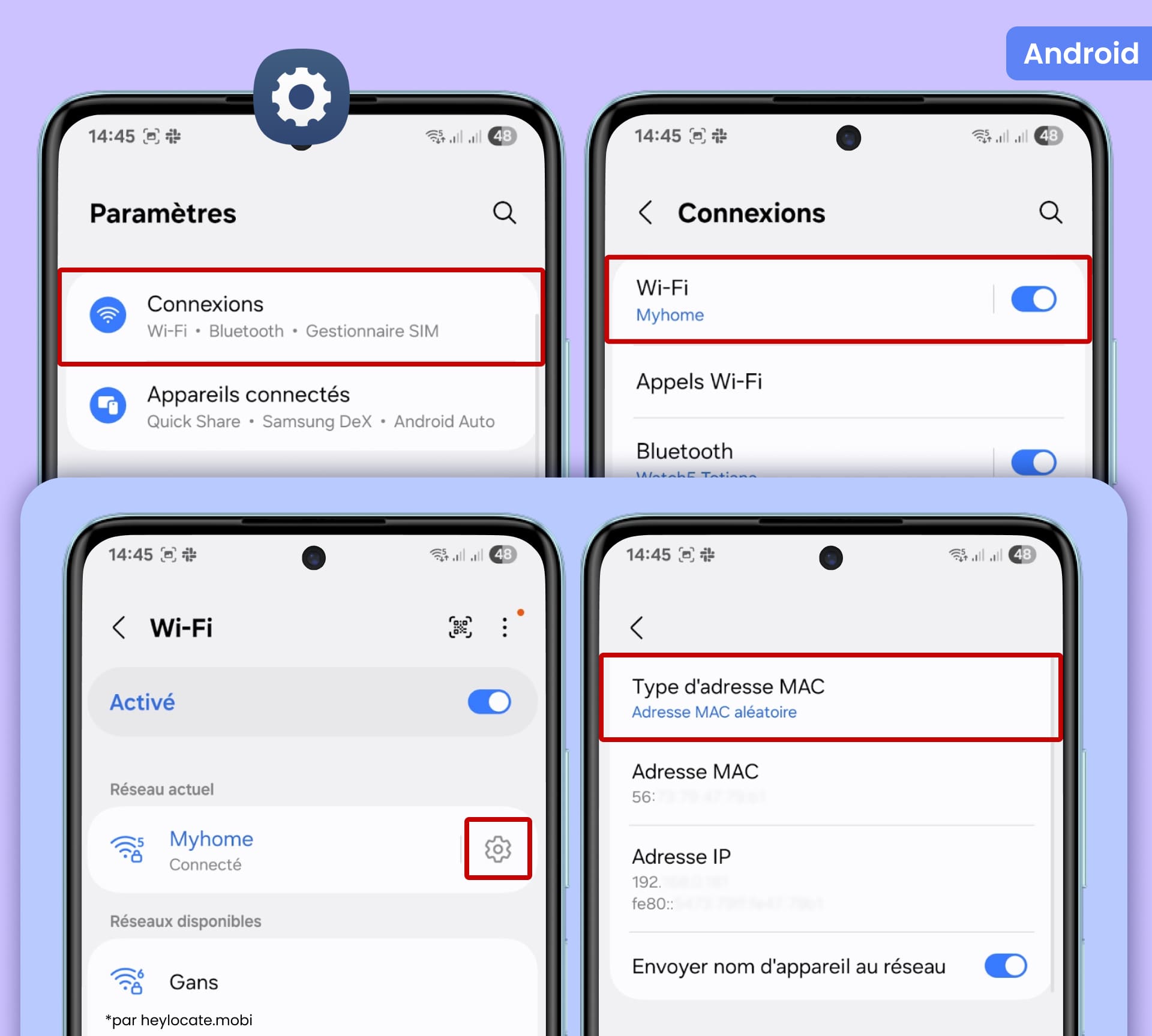 Sélectionnez le type d'adresse MAC (Aléatoire) dans le menu des paramètres de votre connexion Wi-Fi.