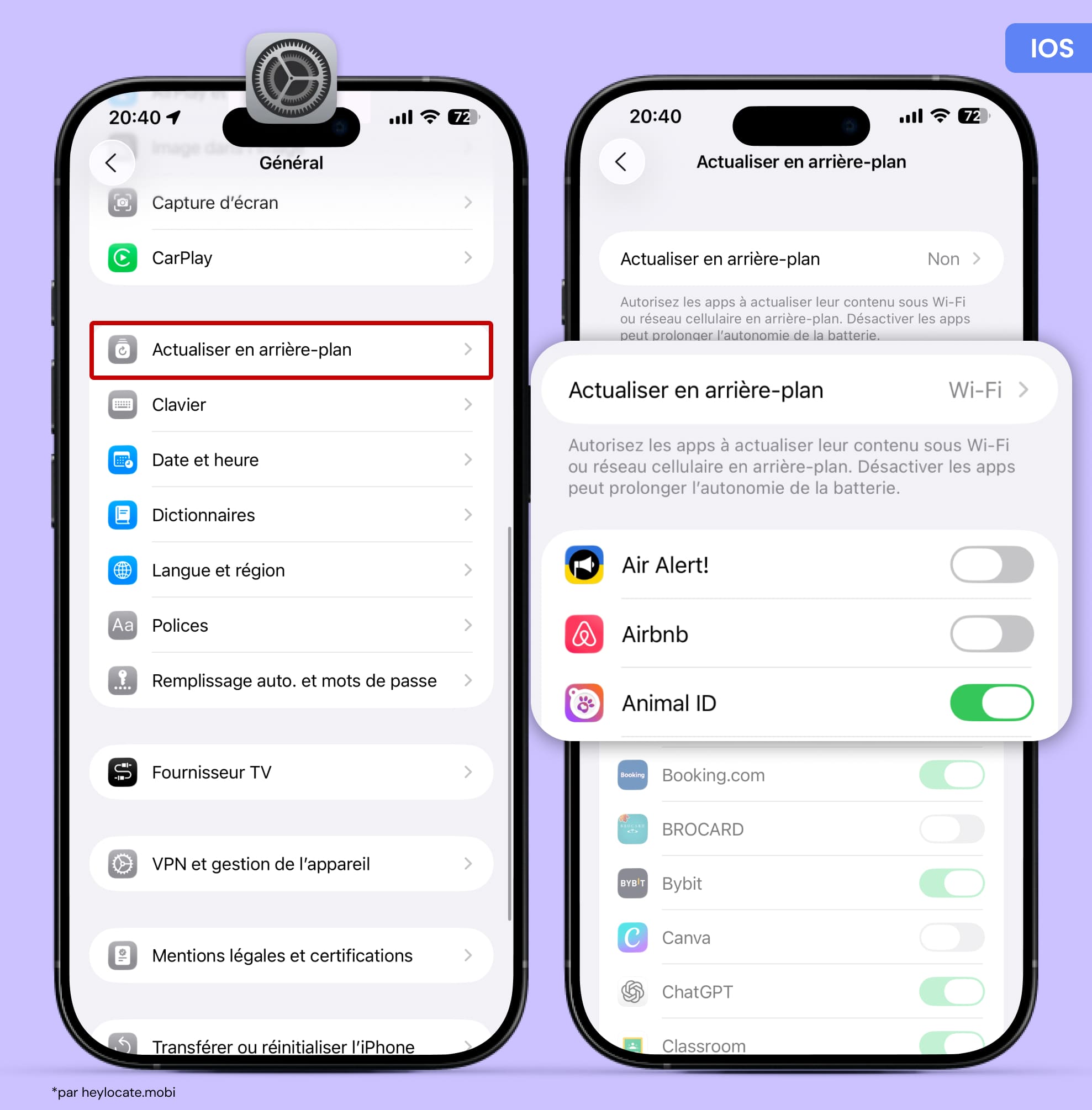 Écrans d’iPhone montrant comment restreindre les données en arrière-plan : Général → Actualisation en arrière-plan, puis désactivez ou limitez au Wi-Fi uniquement.
