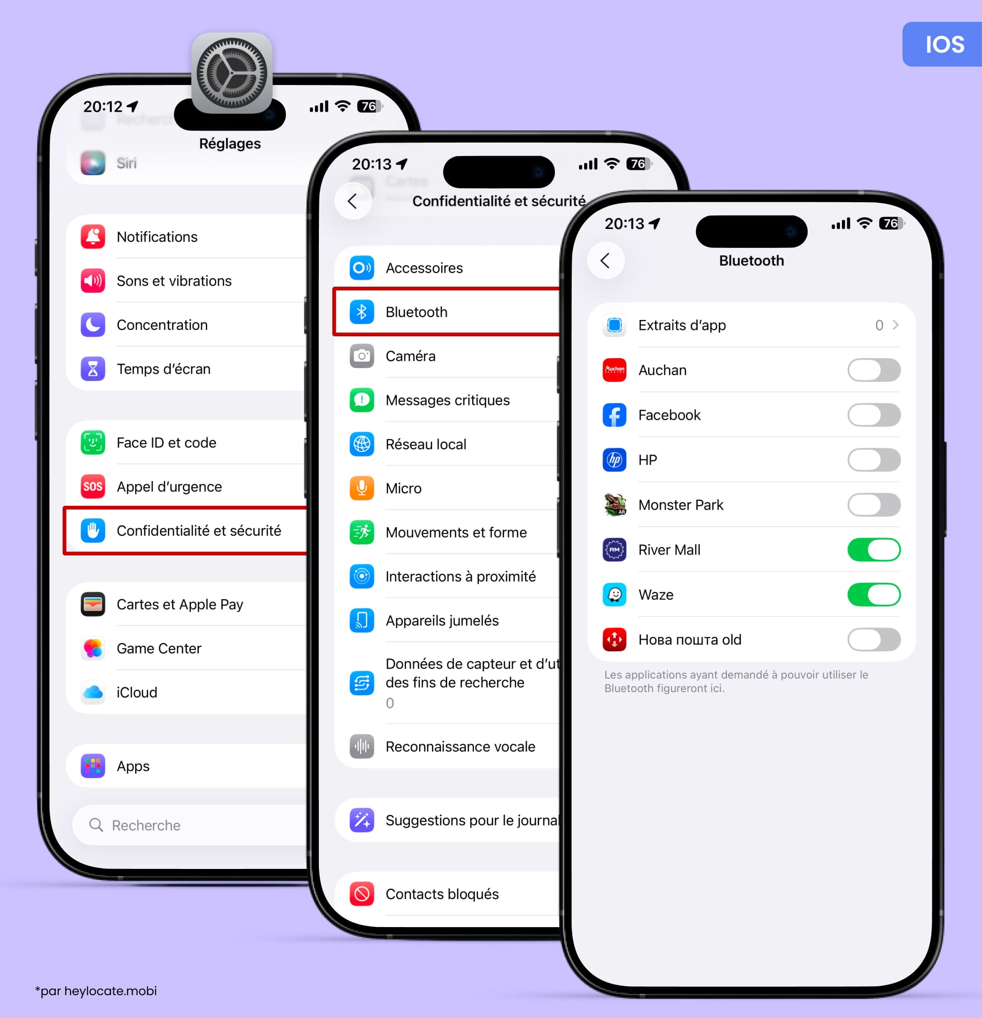 Ouvrez Paramètres, allez dans Confidentialité et sécurité, sélectionnez Bluetooth et désactivez-le pour les applications inutiles.