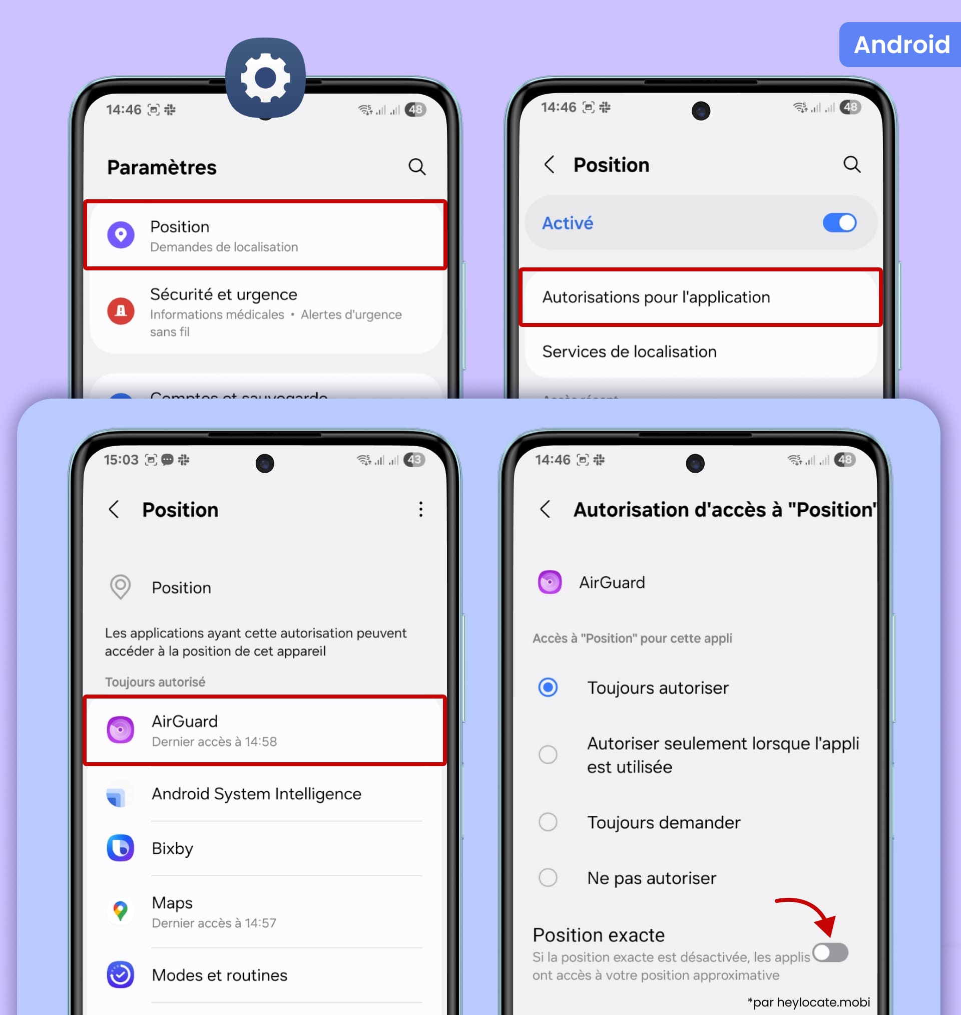 Dans Paramètres, sélectionnez Localisation, allez dans Autorisations des applications, sélectionnez l'application souhaitée et désactivez l'option Utiliser la localisation précise.