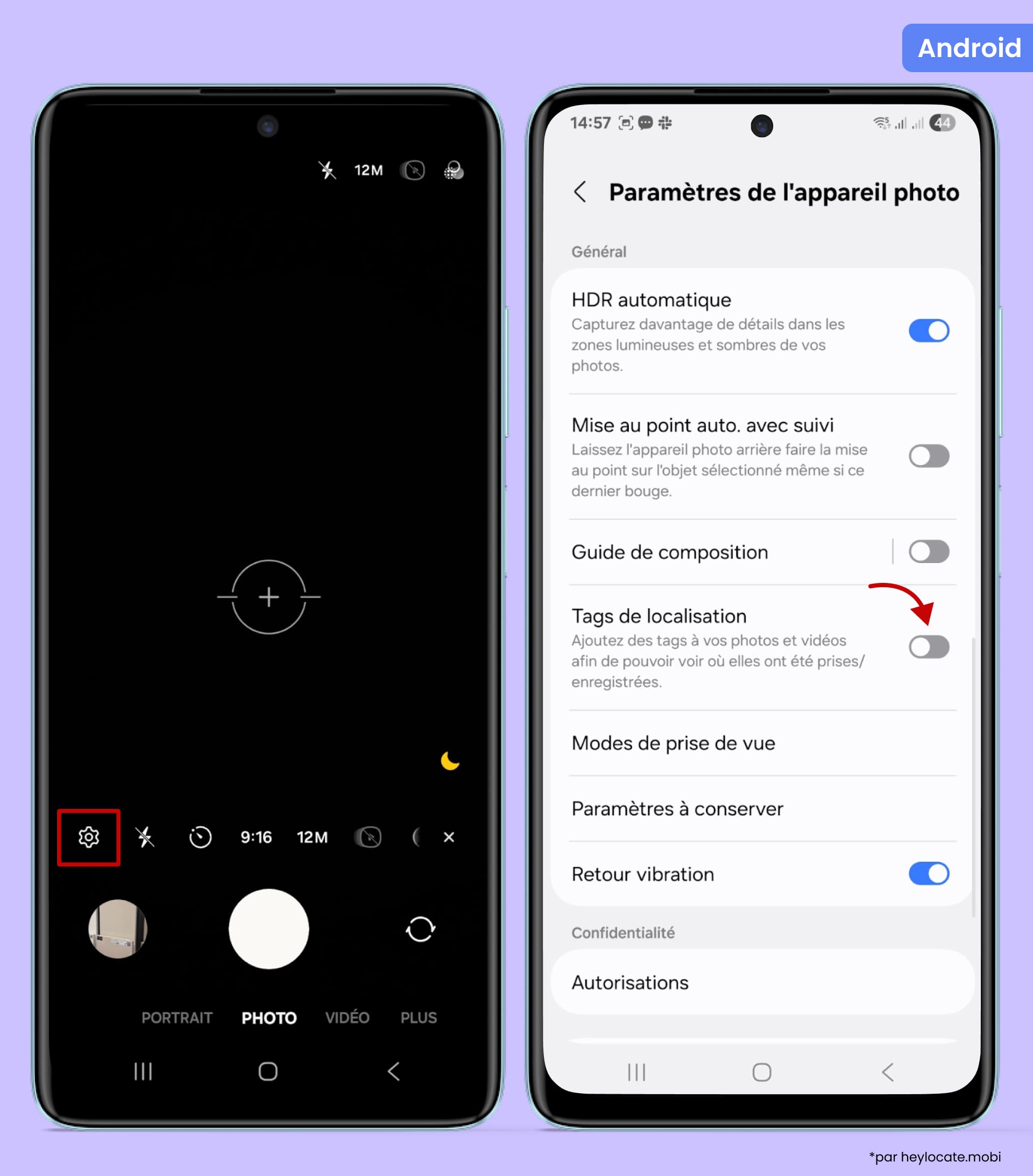 Ouvrez l'application Appareil photo, appuyez sur l'icône d'engrenage et désactivez « Balises de localisation ».