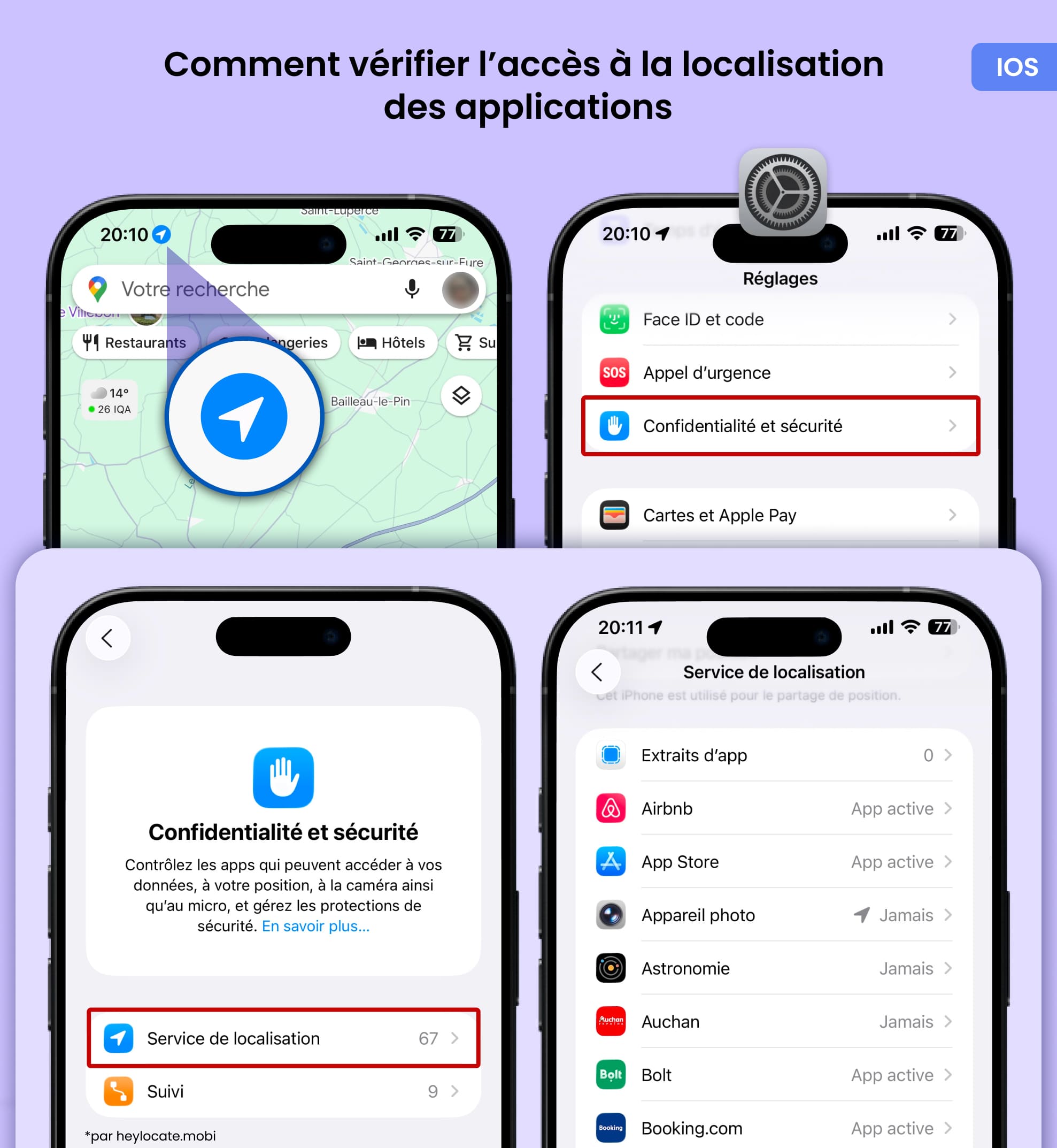Affichage de l'icône de localisation et paramétrage des services de localisation pour les applications (dans Paramètres - Confidentialité et sécurité).