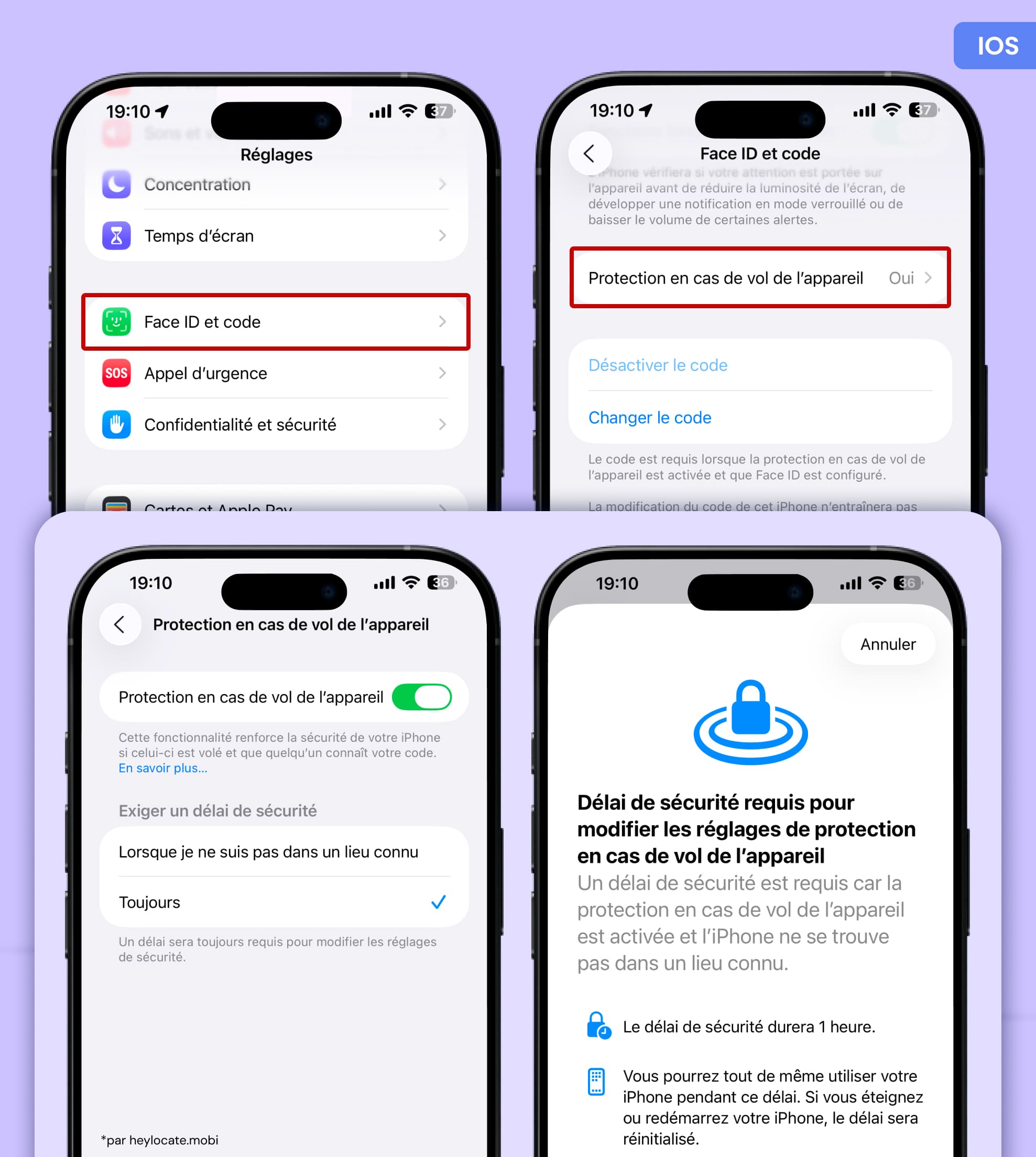Activez la Protection de l’appareil volé dans le menu Réglages - Face ID et code d’accès.