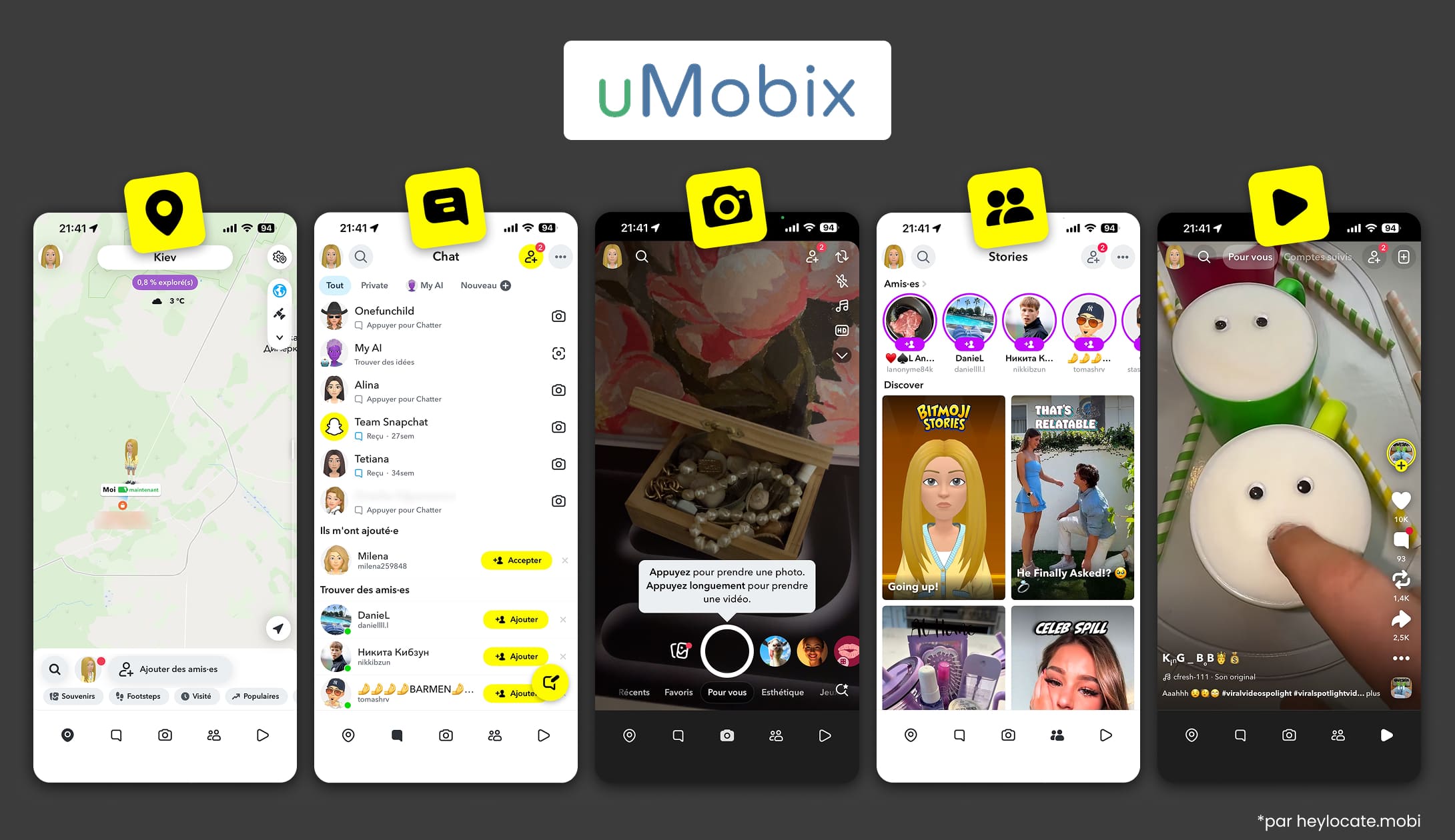 Écrans de Snapchat affichant la carte de localisation, la liste des chats, la caméra, les stories et la section Discover dans le contrôle parental uMobix.