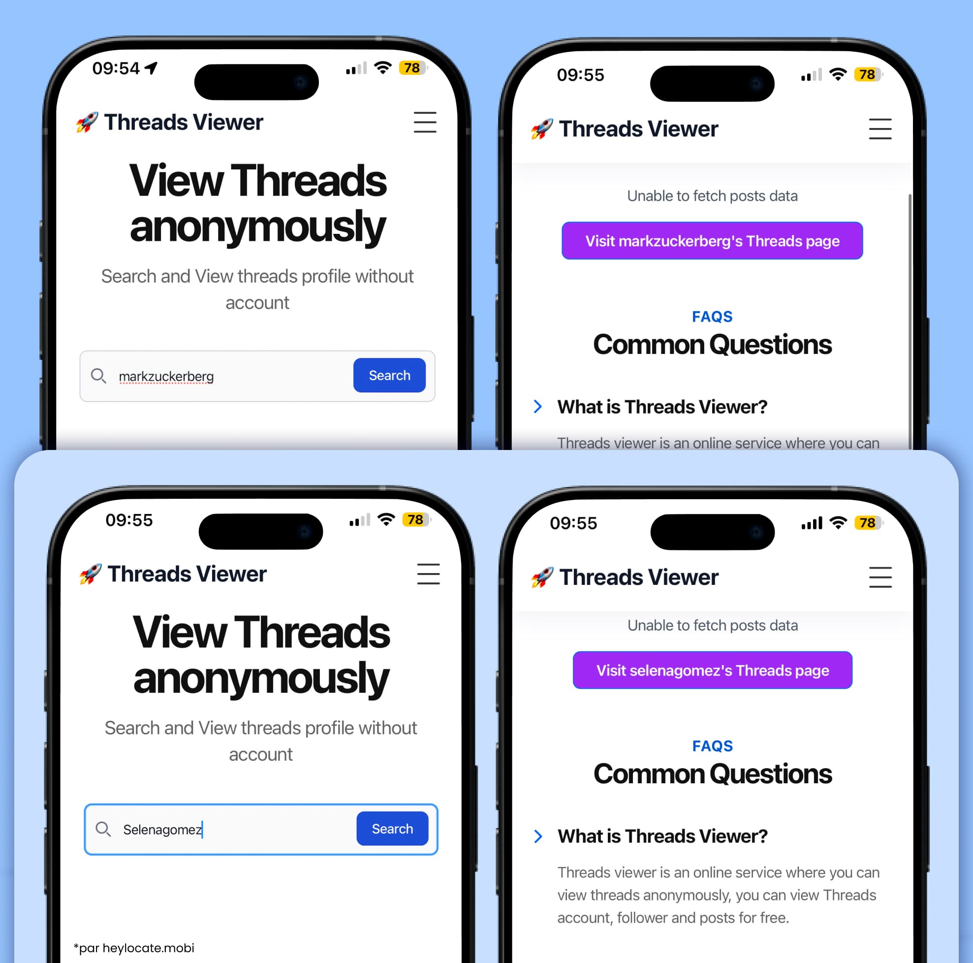 Interface de Threadsviewer.net avec une recherche du nom d’utilisateur Threads. Après la recherche, un message indique que les données de la publication ne peuvent pas être récupérées, avec un bouton menant à la page officielle de Threads.