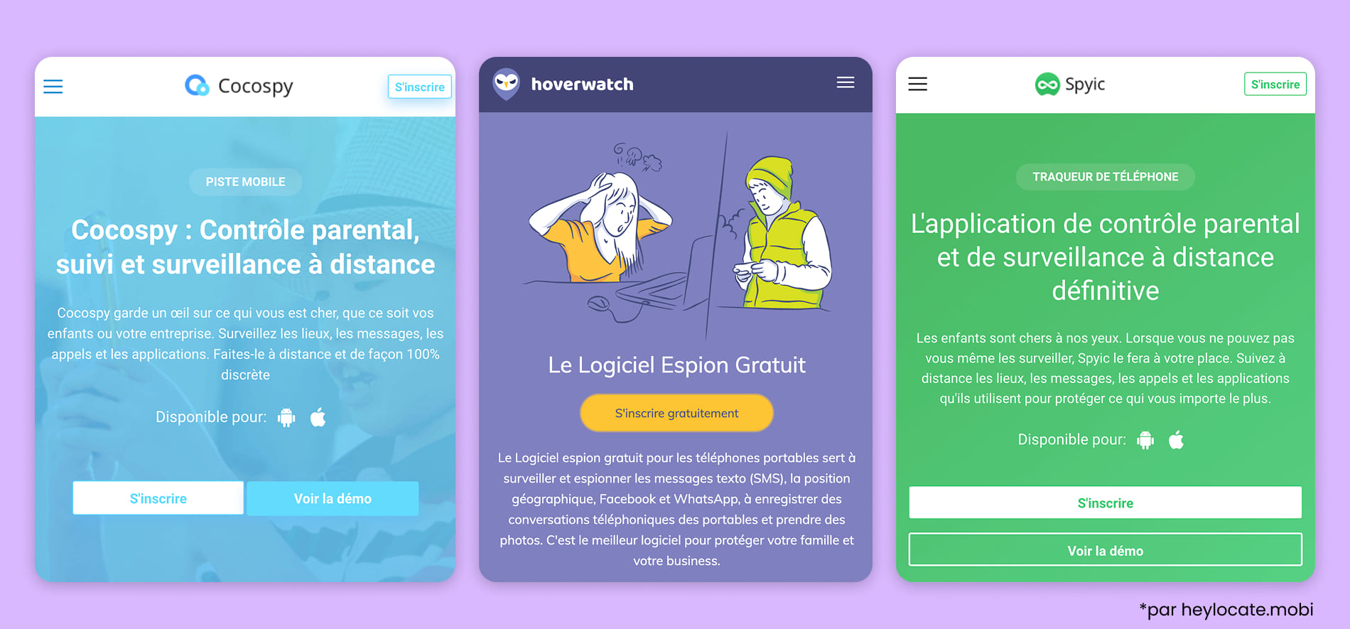 Interfaces Cocospy, Hoverwatch et Spyic, services de contrôle parental, surveillance téléphonique et suivi d’activité.