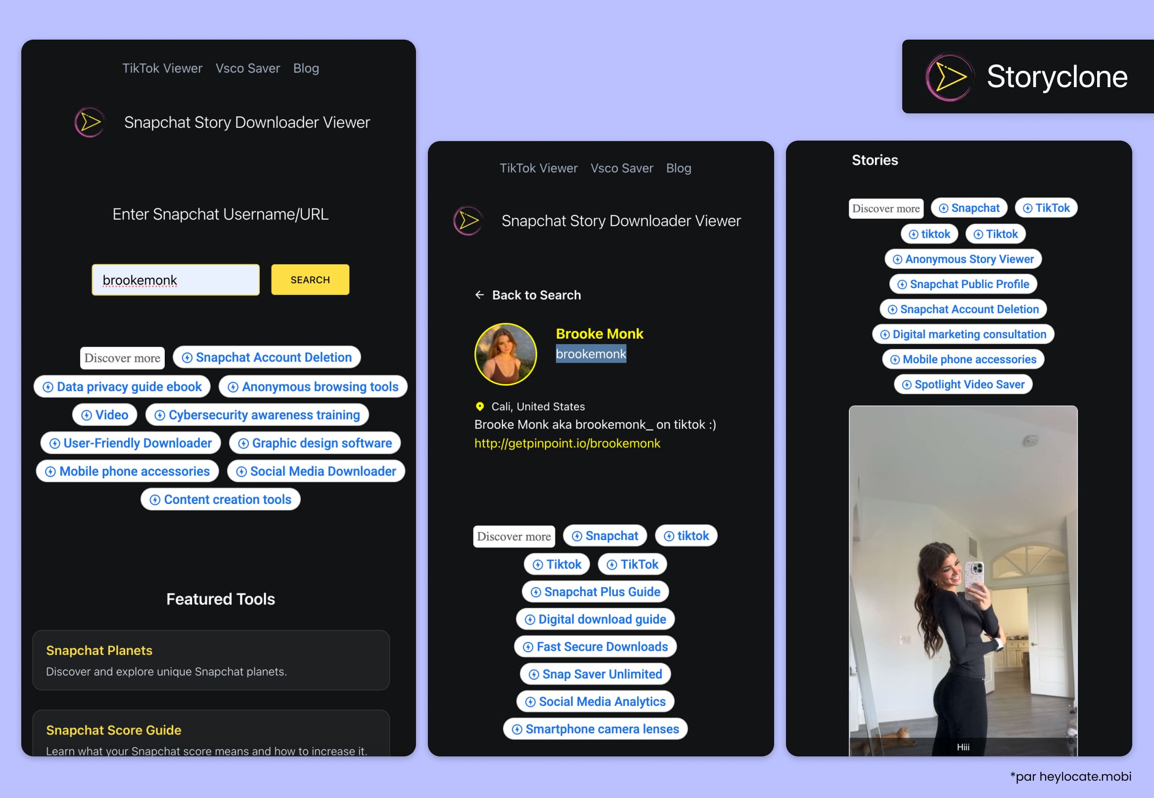 Interface Storyclone avec recherche de comptes Snapchat et un exemple de Stories publiques enregistrées.