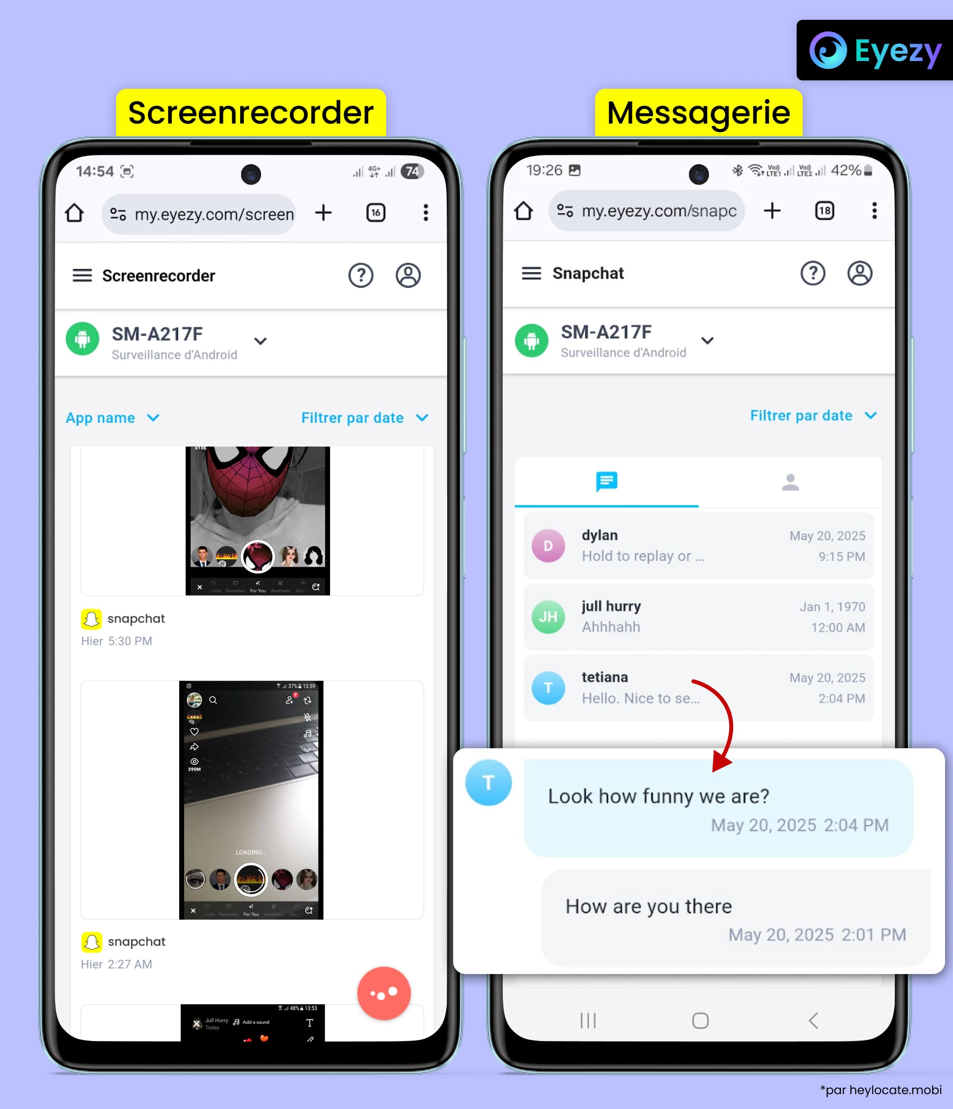 Interface Eyezy avec enregistrement d’écran Snapchat et affichage des chats.