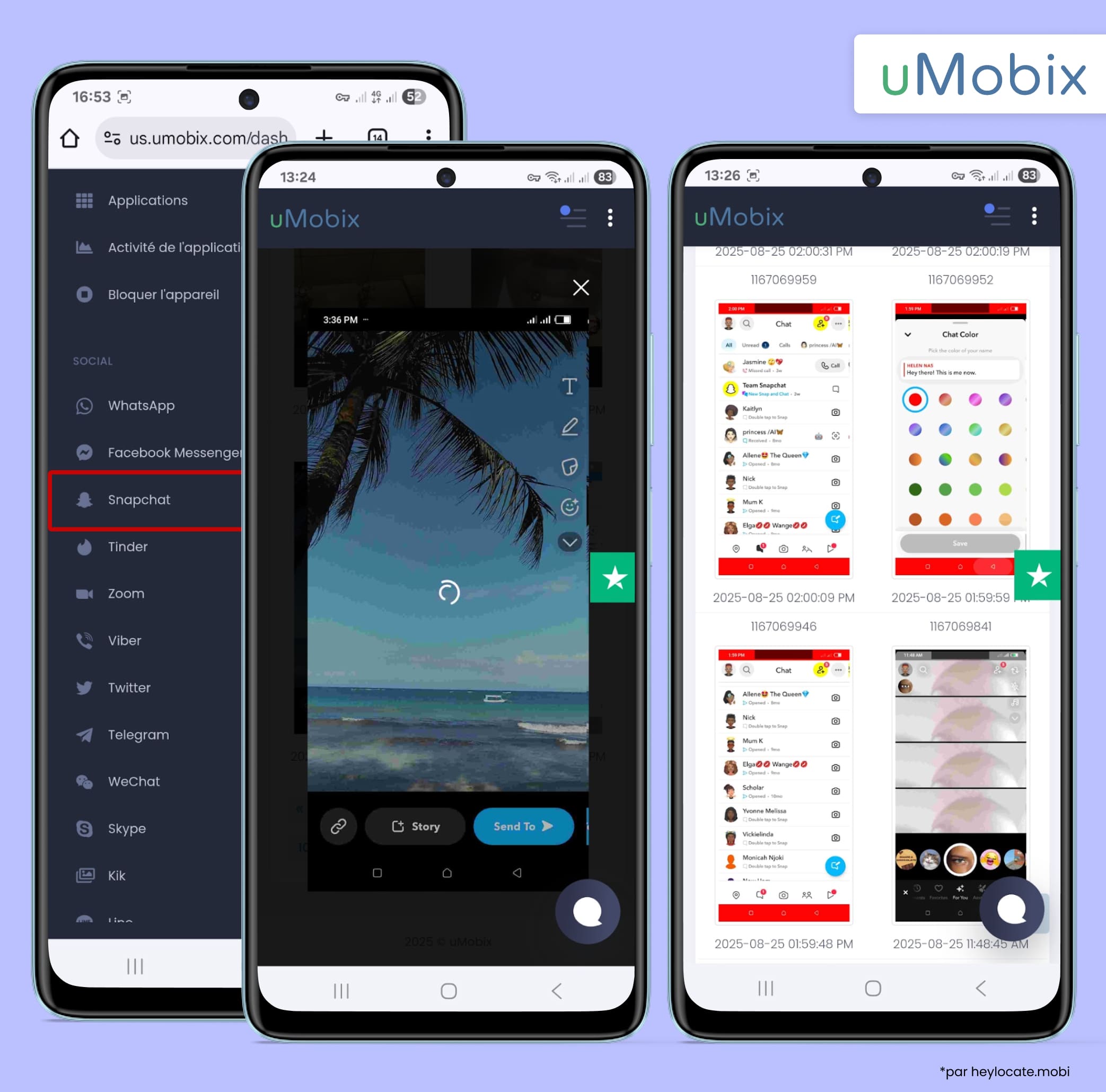 Tableau de bord uMobix avec suivi de Snapchat, incluant l’affichage de l’écran du téléphone surveillé et des captures d’activité enregistrées.