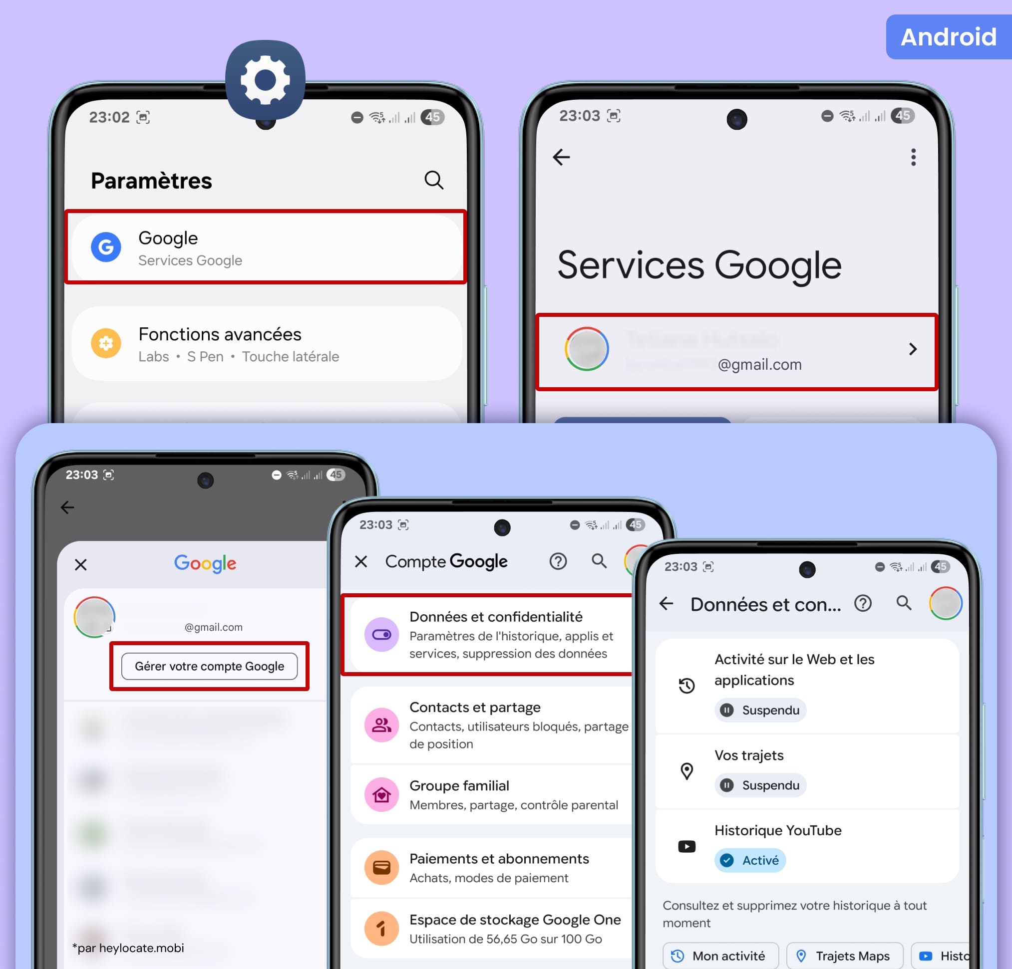 Écrans du compte Google où l’Activité sur le Web et les applications et la Chronologie sont suspendues.