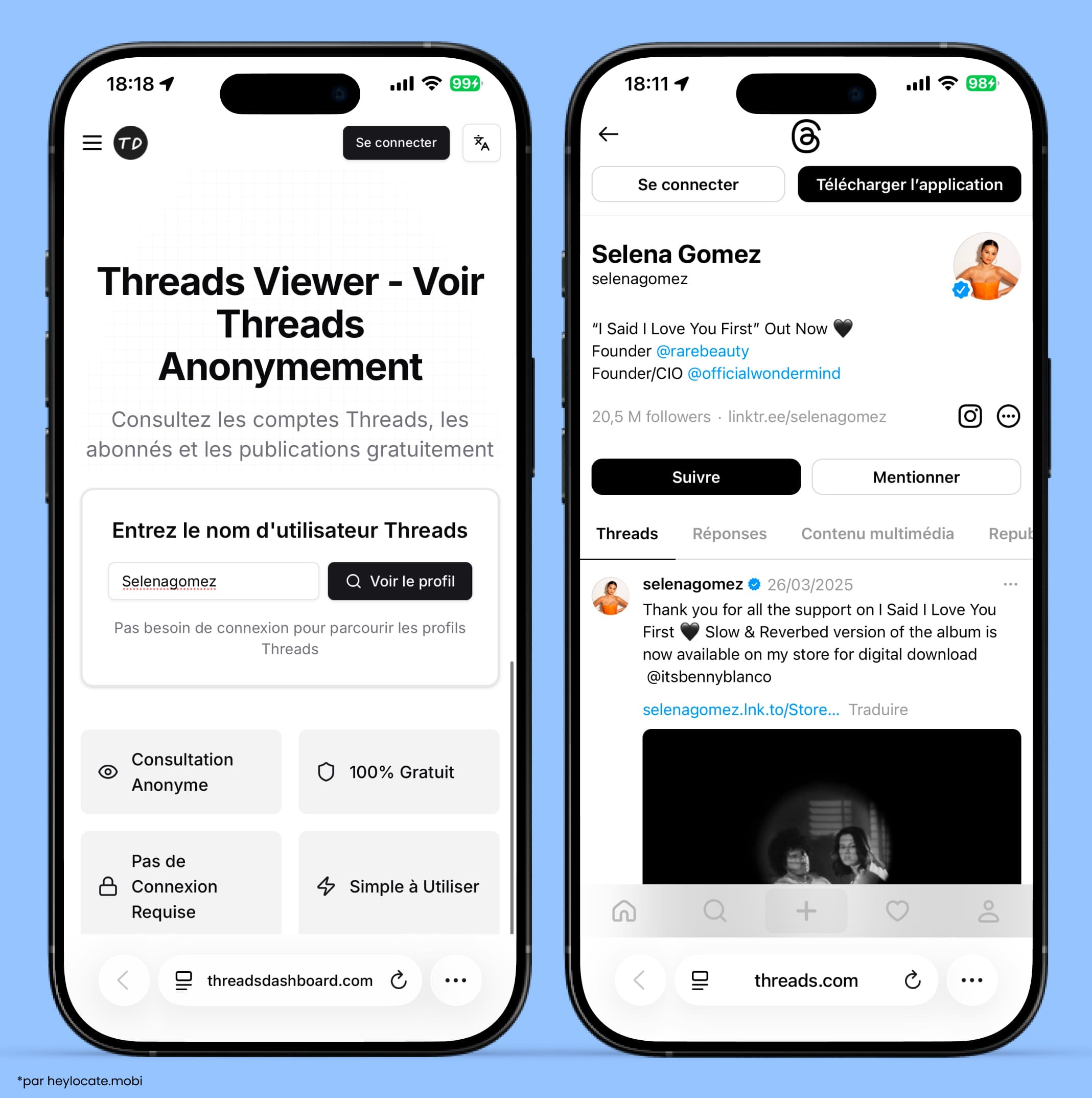 Interface du visionneur Threads où l’on saisit un nom d’utilisateur pour parcourir des profils sans se connecter — et qui affiche le profil Threads dans l’application Threads.