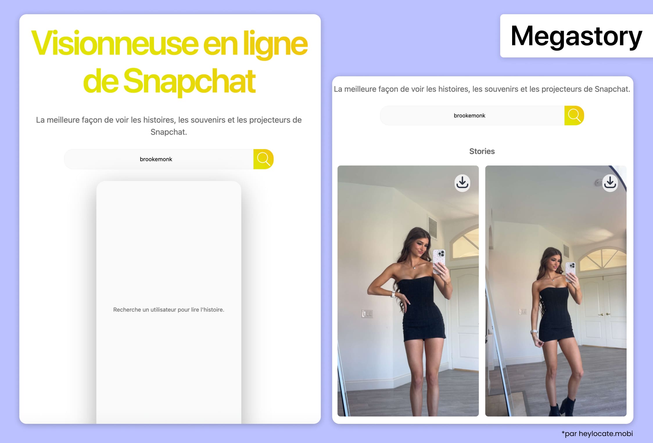 Interface Megastory avec recherche Snapchat et exemples de Stories publiques.
