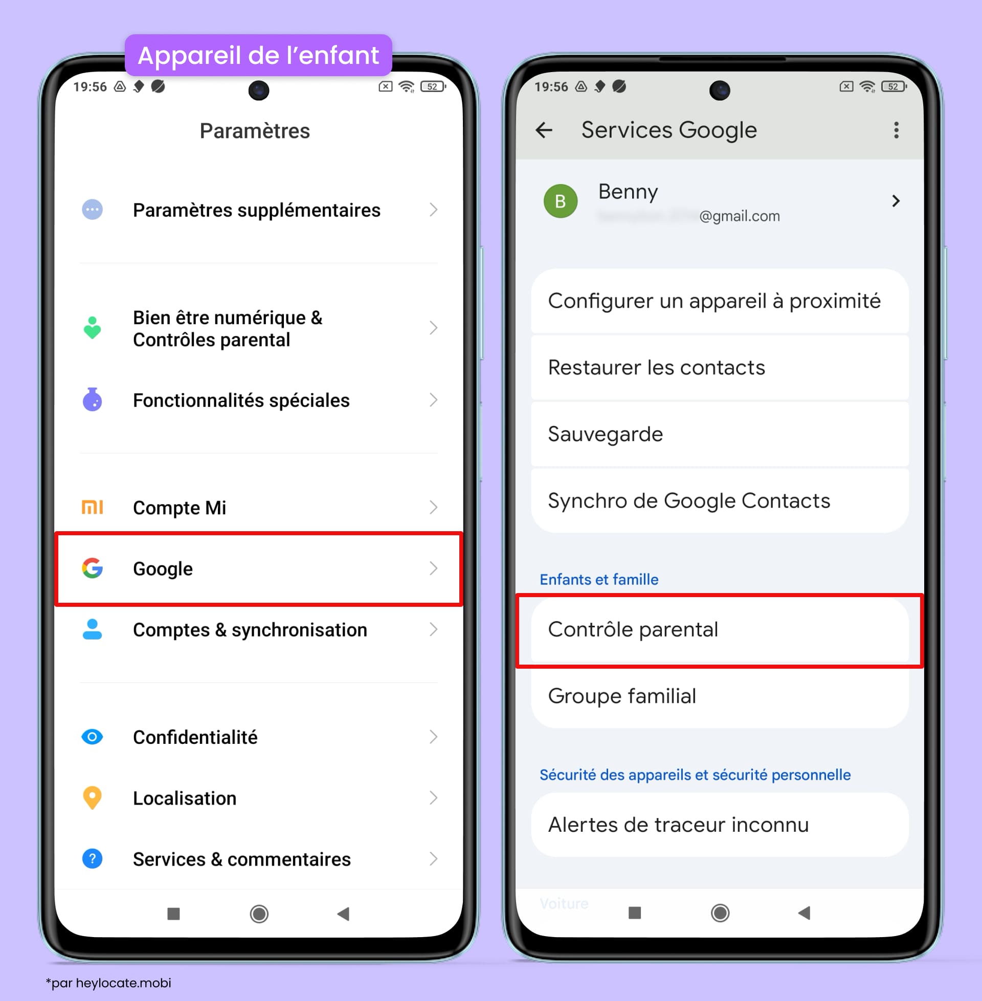 Configuration du contrôle parental dans les paramètres Google sur l’appareil Android de l’enfant.