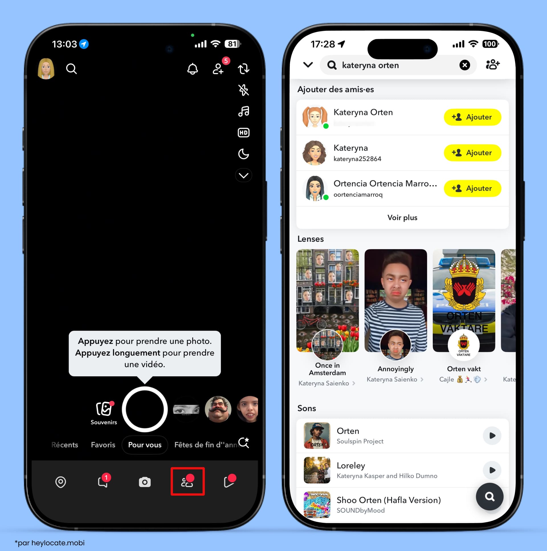 Écrans Snapchat avec recherche d’utilisateurs et bouton Ajouter pour ajouter un enfant à la liste d’amis.